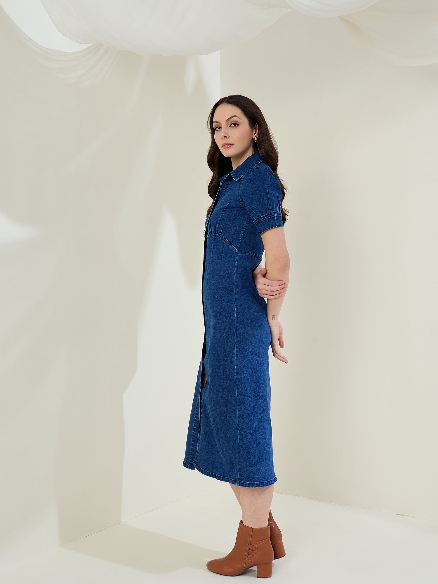 StyleStone Women's Denim Puff Sleeve Midi Dress