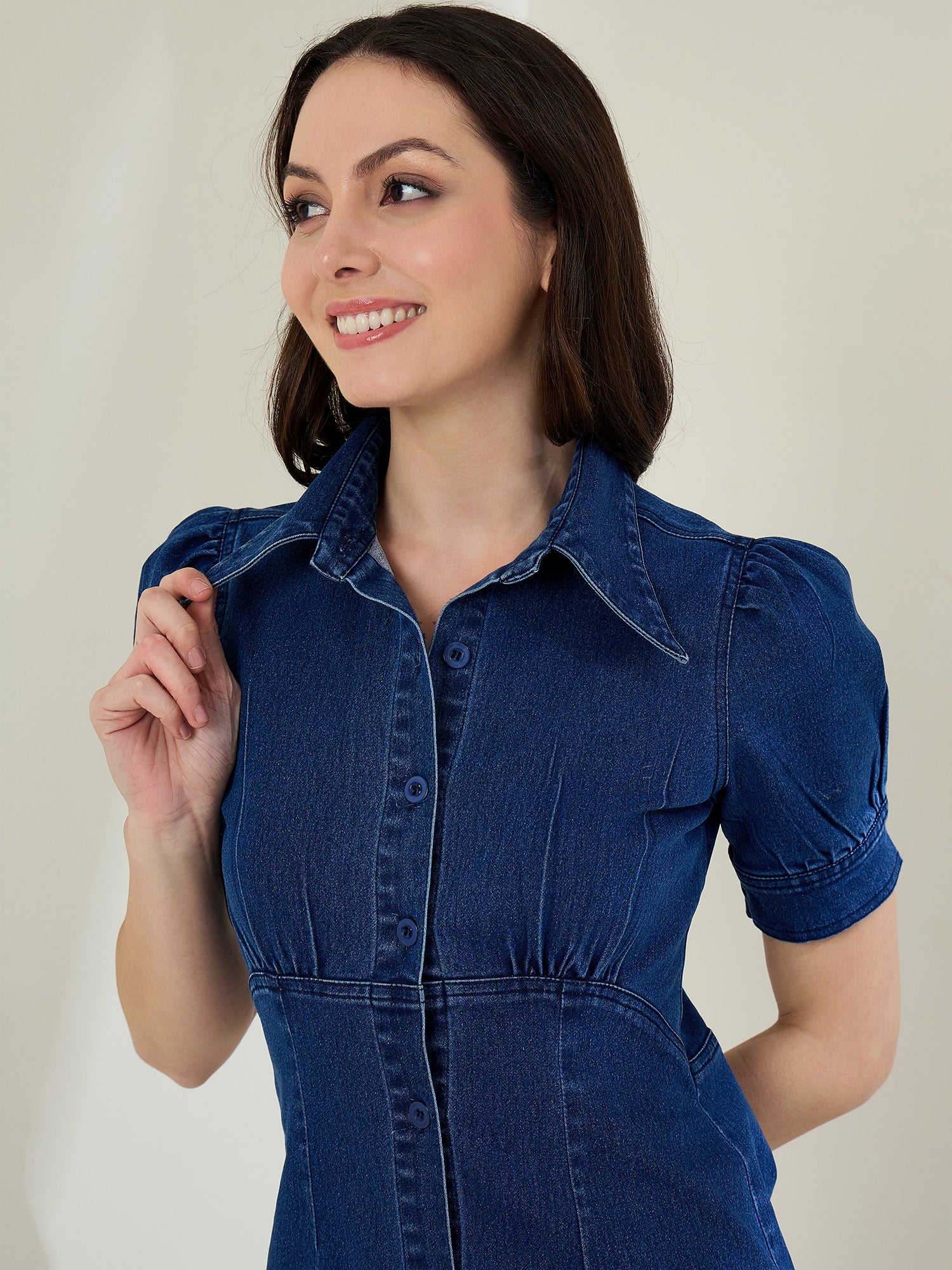 StyleStone Women's Denim Puff Sleeve Midi Dress