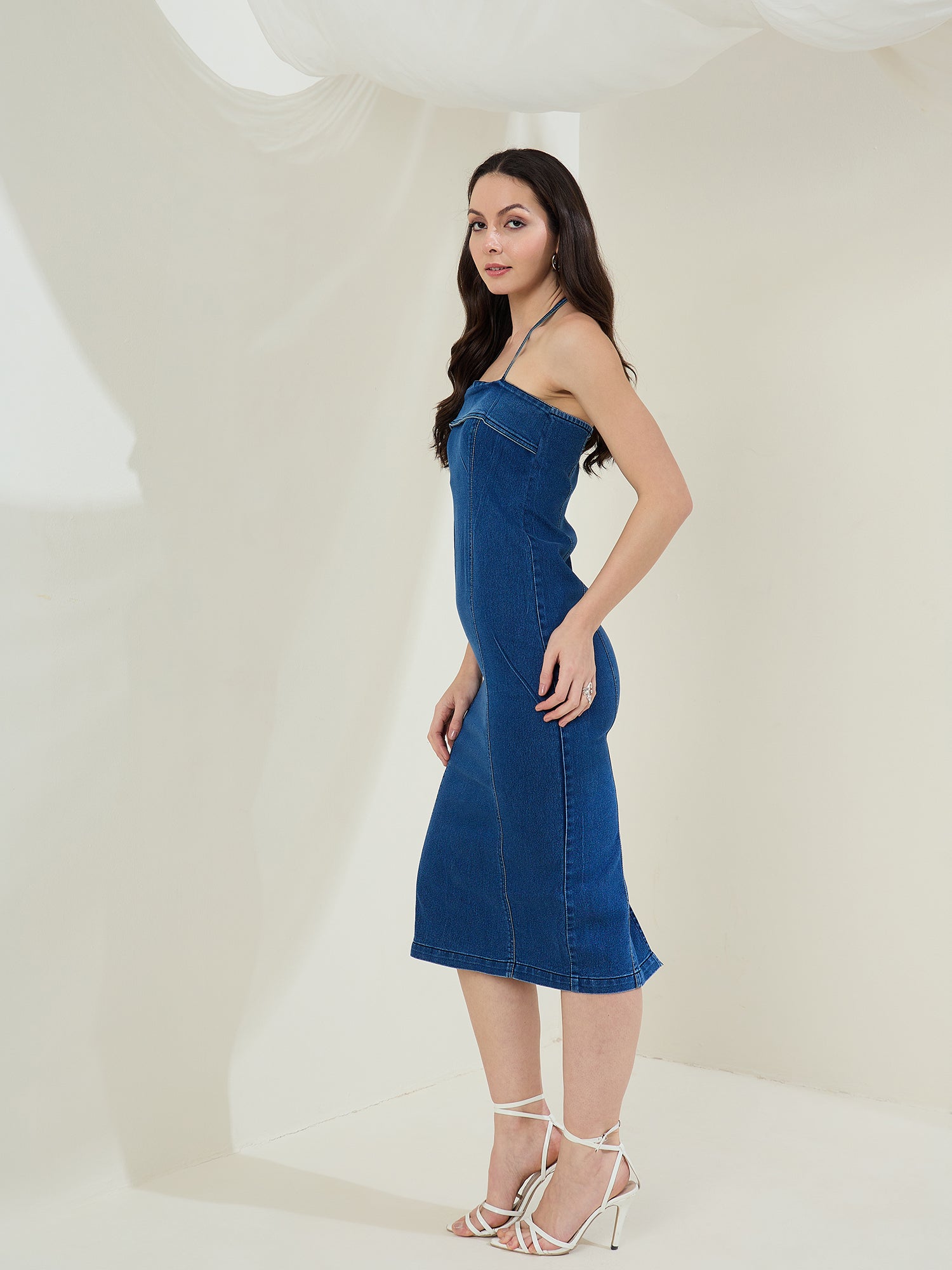 StyleStone Women's Denim Lycra Halter Neck Dress