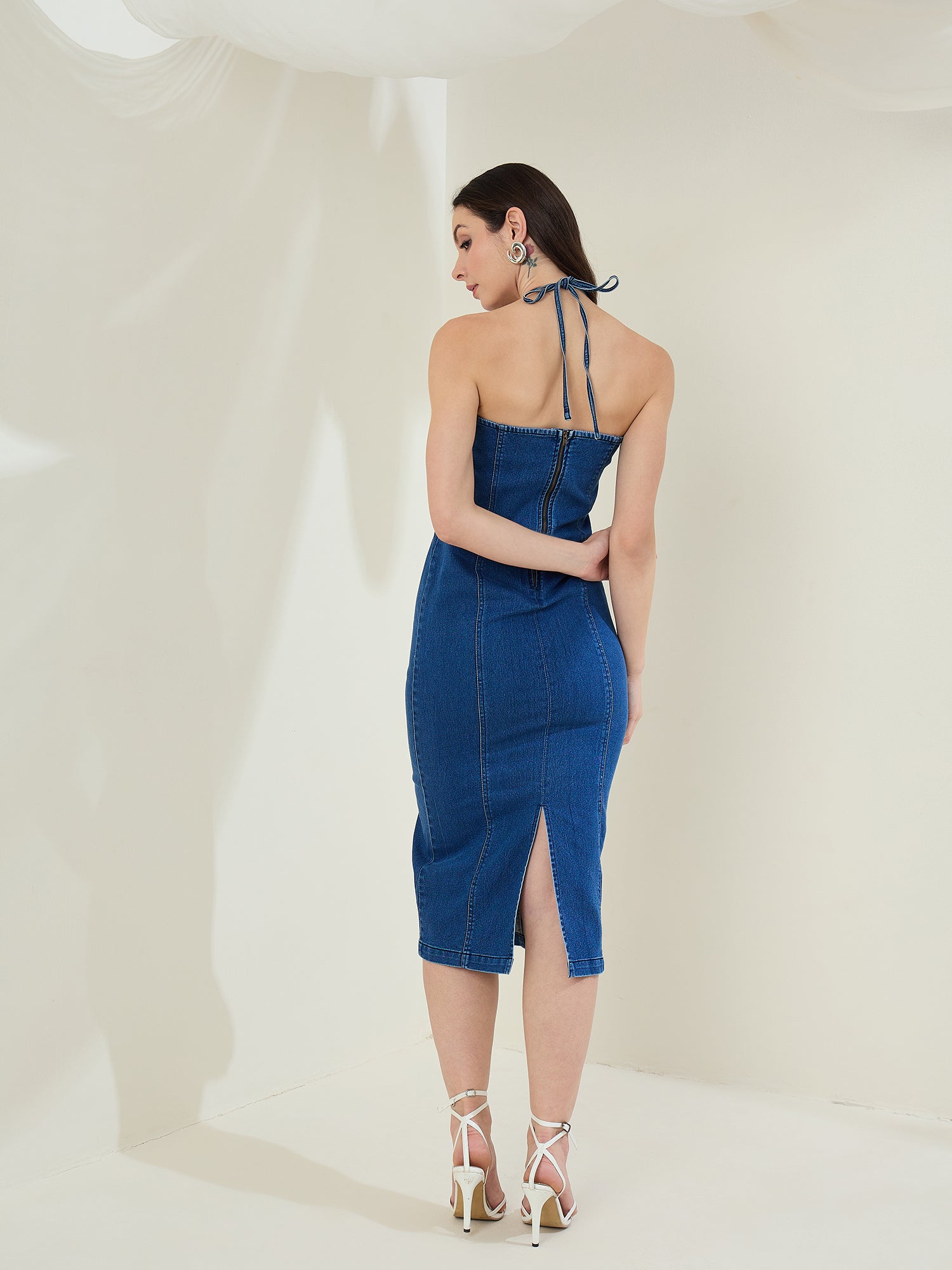 StyleStone Women's Denim Lycra Halter Neck Dress
