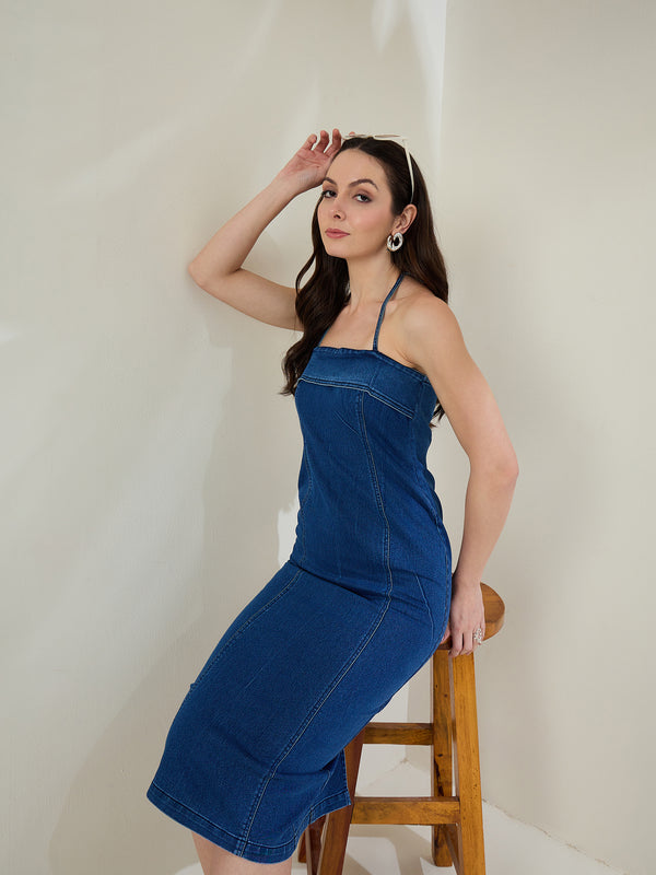 StyleStone Women's Denim Lycra Halter Neck Dress