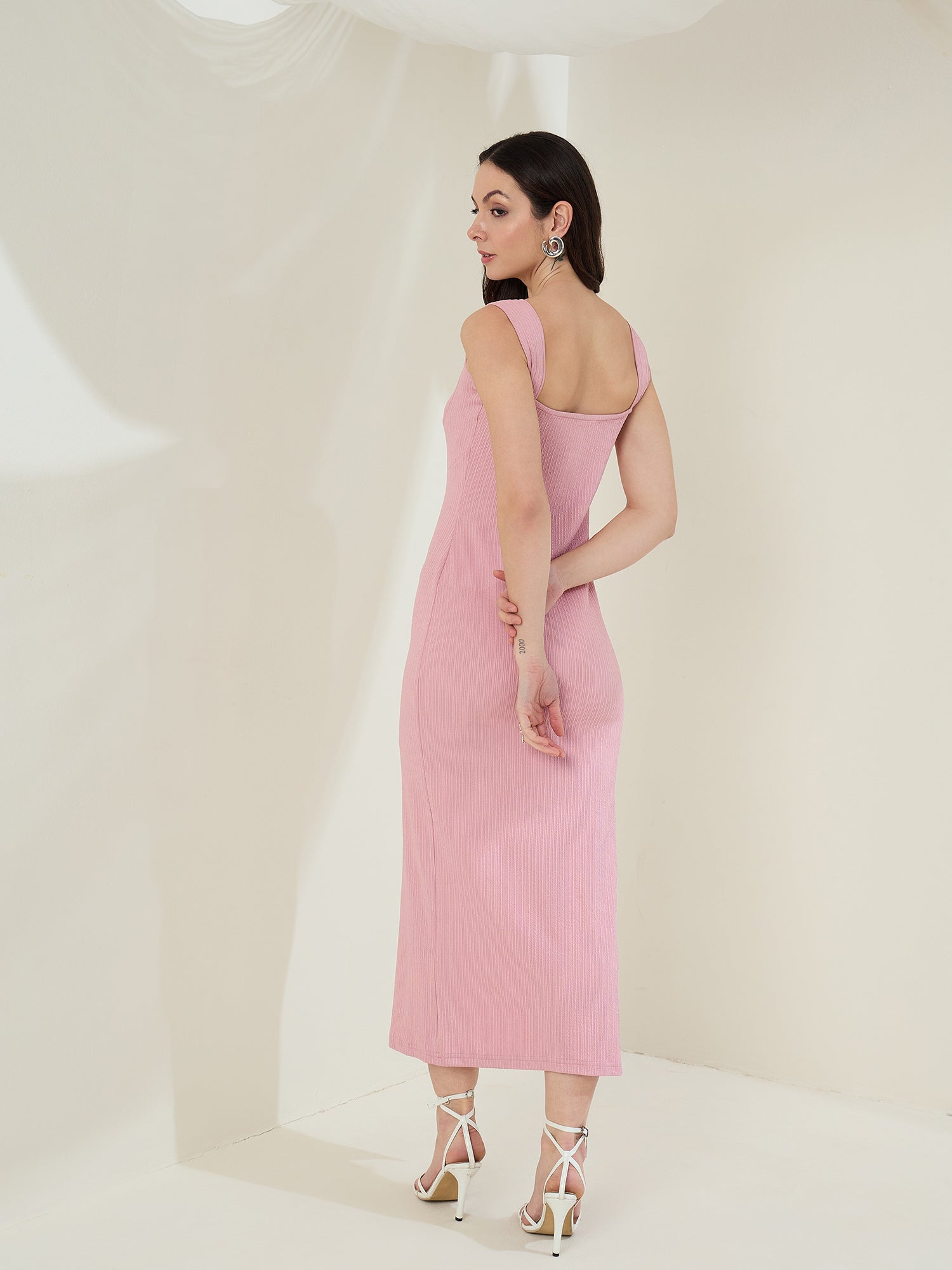 StyleStone Women's Pink Dress with Self Design Maxi Dress