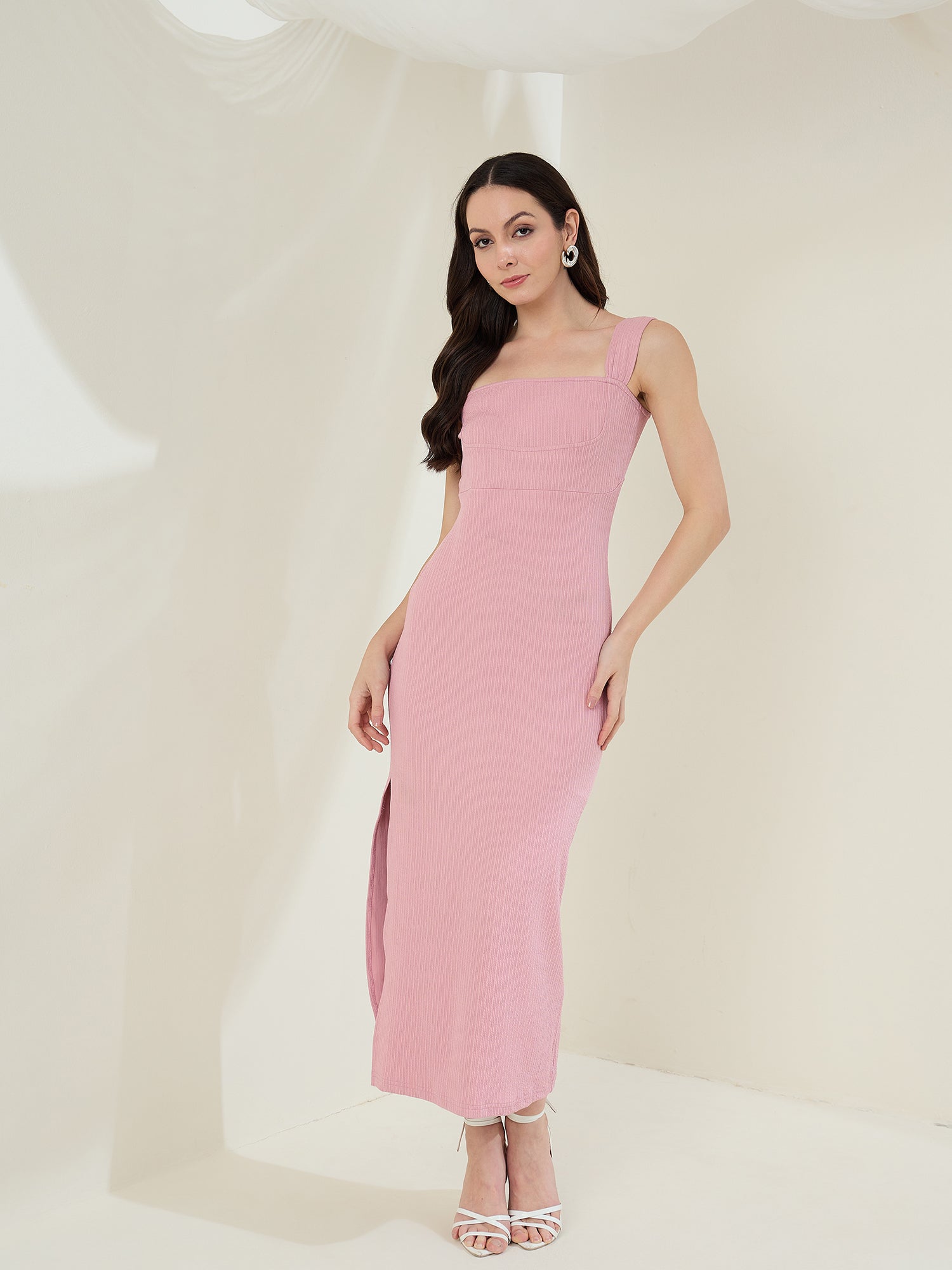 StyleStone Women's Pink Dress with Self Design Maxi Dress