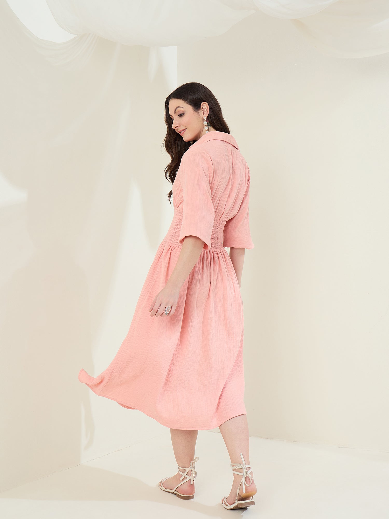 StyleStone Women's Pink Cotton Gauze Dress with Waist Smocking