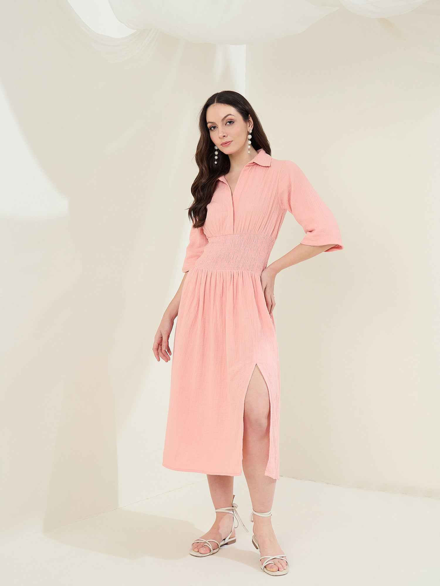 StyleStone Women's Pink Cotton Gauze Dress with Waist Smocking