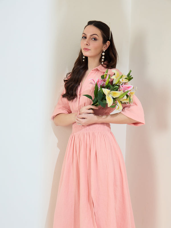 StyleStone Women's Pink Cotton Gauze Dress with Waist Smocking