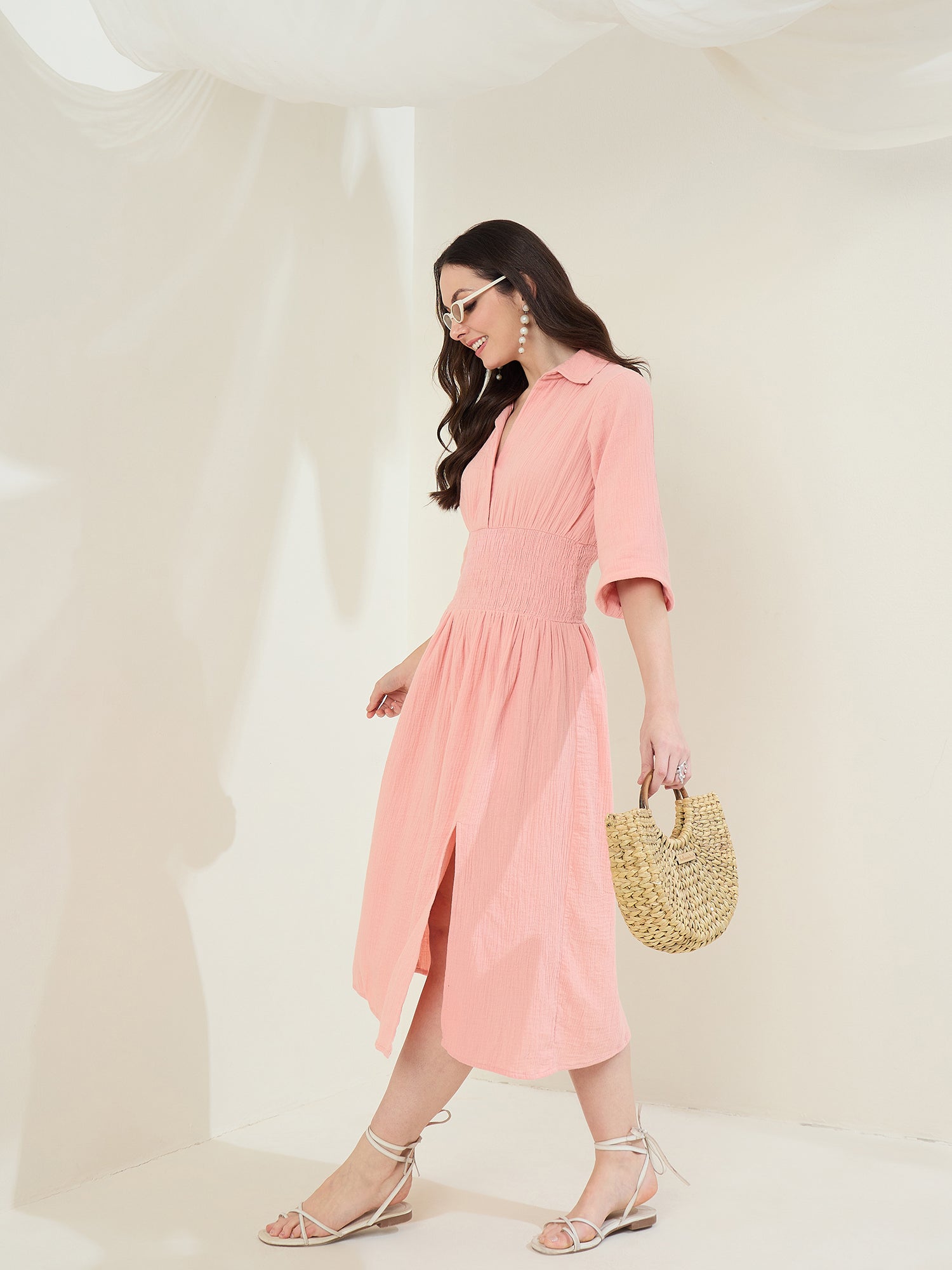StyleStone Women's Pink Cotton Gauze Dress with Waist Smocking