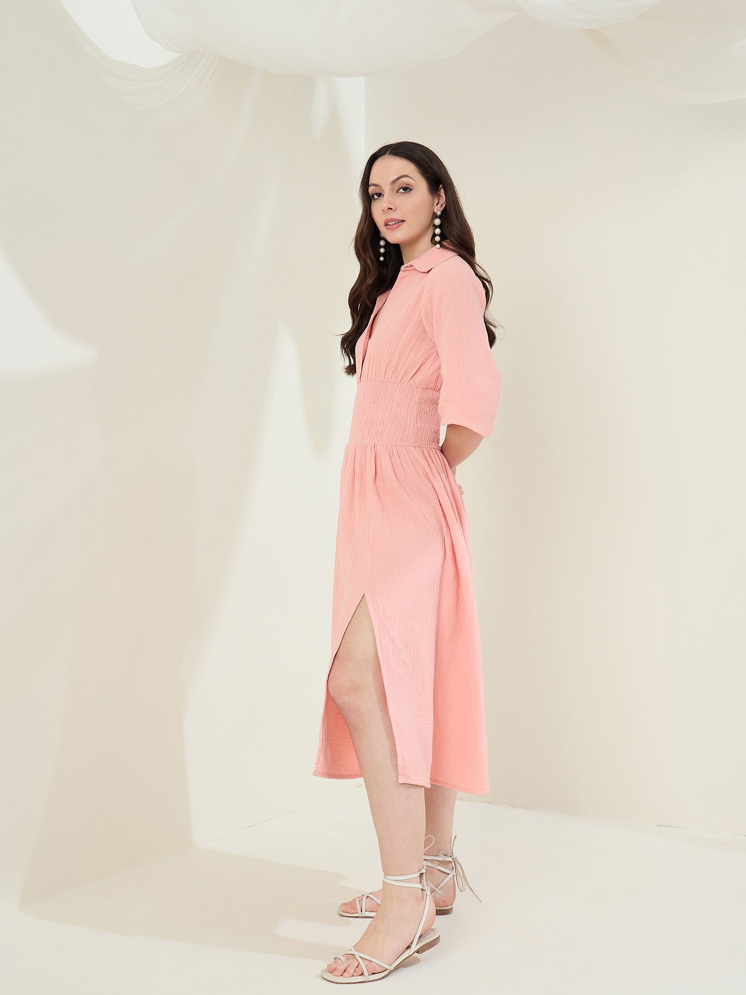 StyleStone Women's Pink Cotton Gauze Dress with Waist Smocking