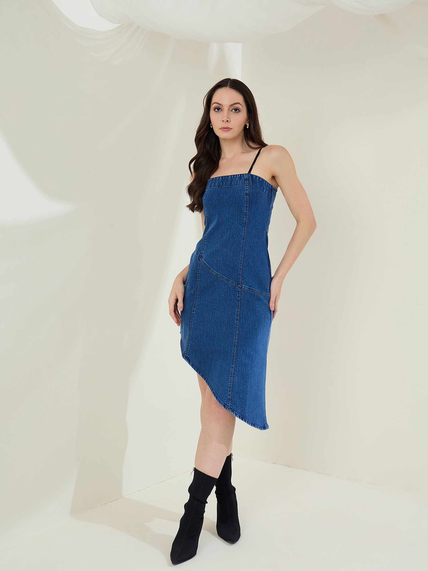StyleStone Women's Denim Lycra Dress with Asymmetrical hemline