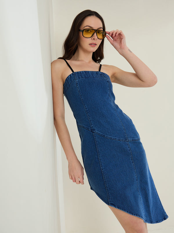 StyleStone Women's Denim Lycra Dress with Asymmetrical hemline