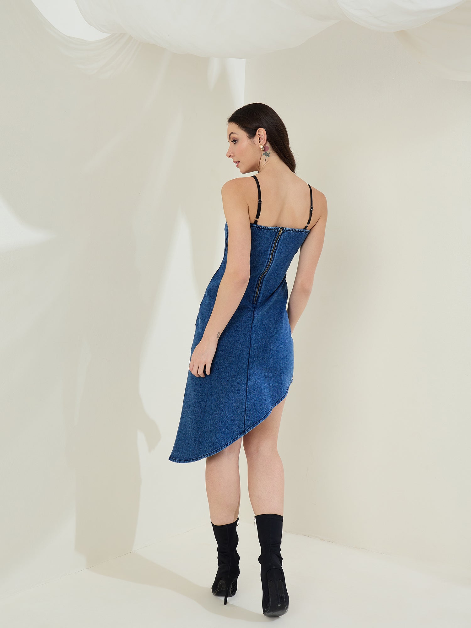 StyleStone Women's Denim Lycra Dress with Asymmetrical hemline