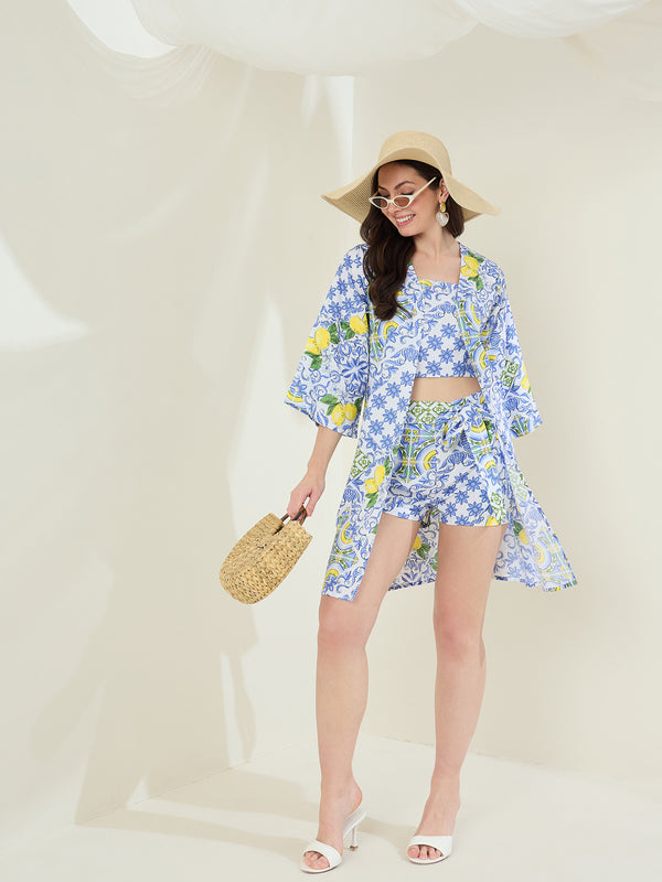 StyleStone Women's  Blue Printed 3 piece Rayon Co-Ord Set