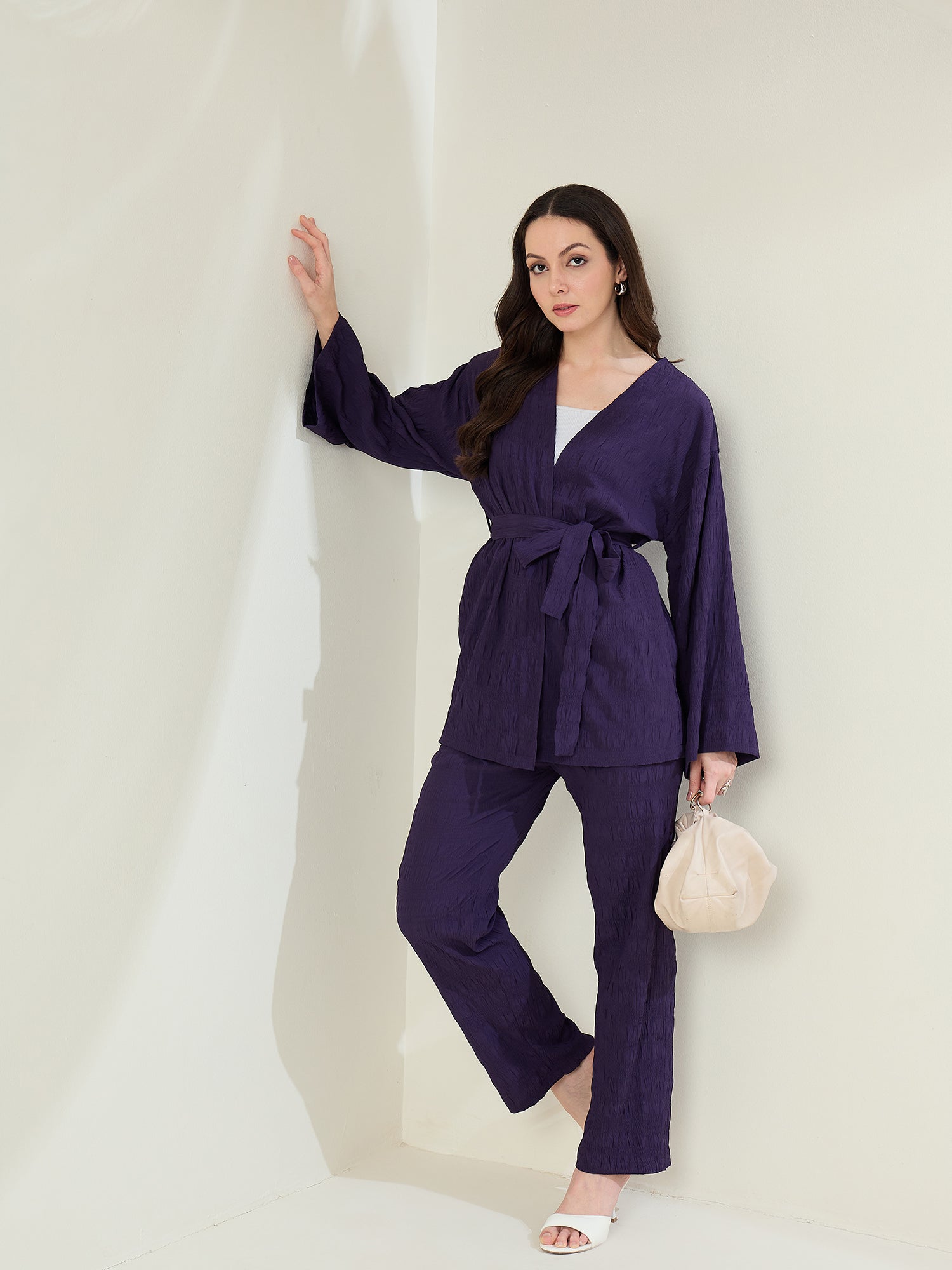 StyleStone Women's Purple Textured Shrug & Pant Set (inner not included)