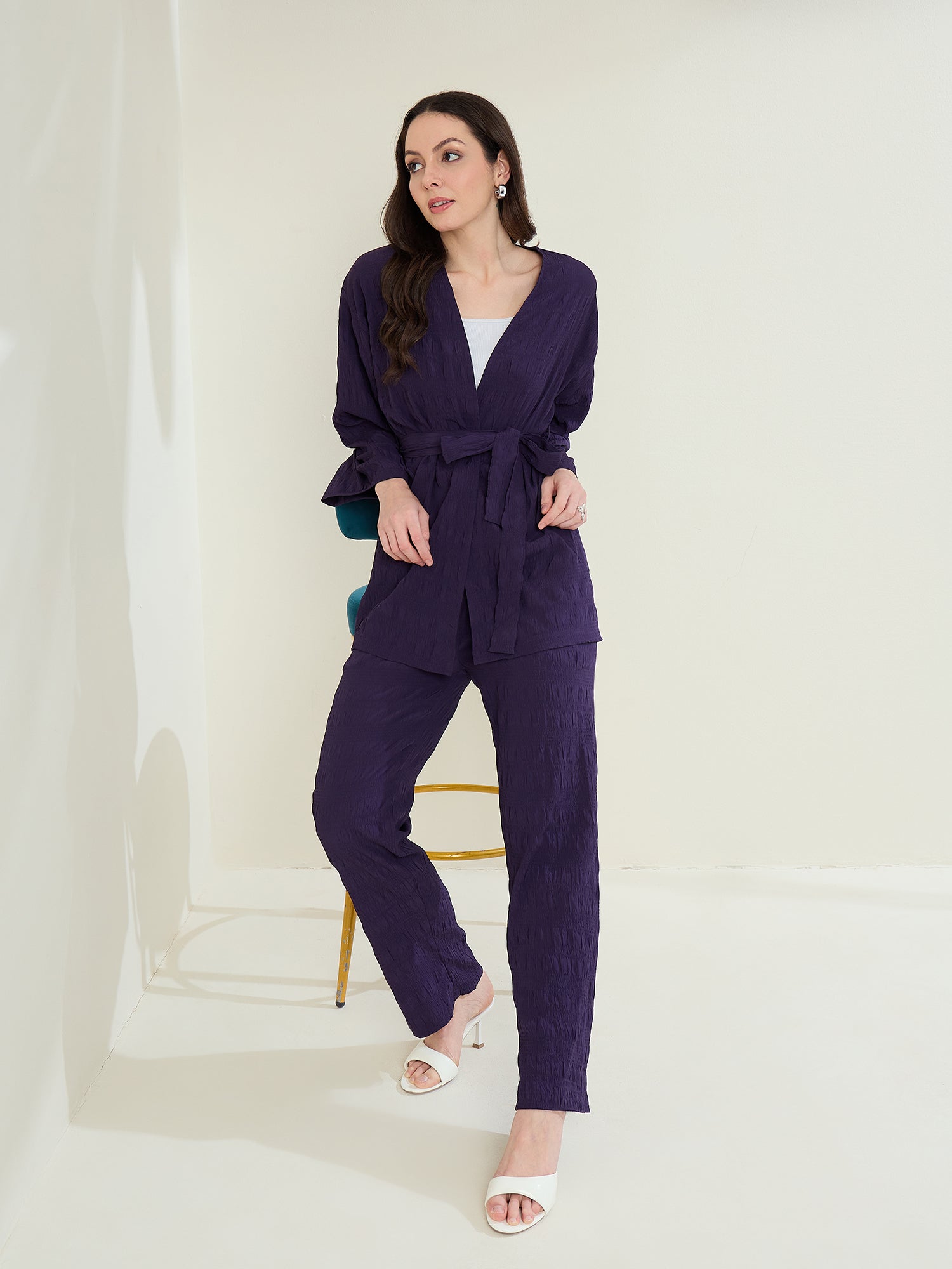 StyleStone Women's Purple Textured Shrug & Pant Set (inner not included)