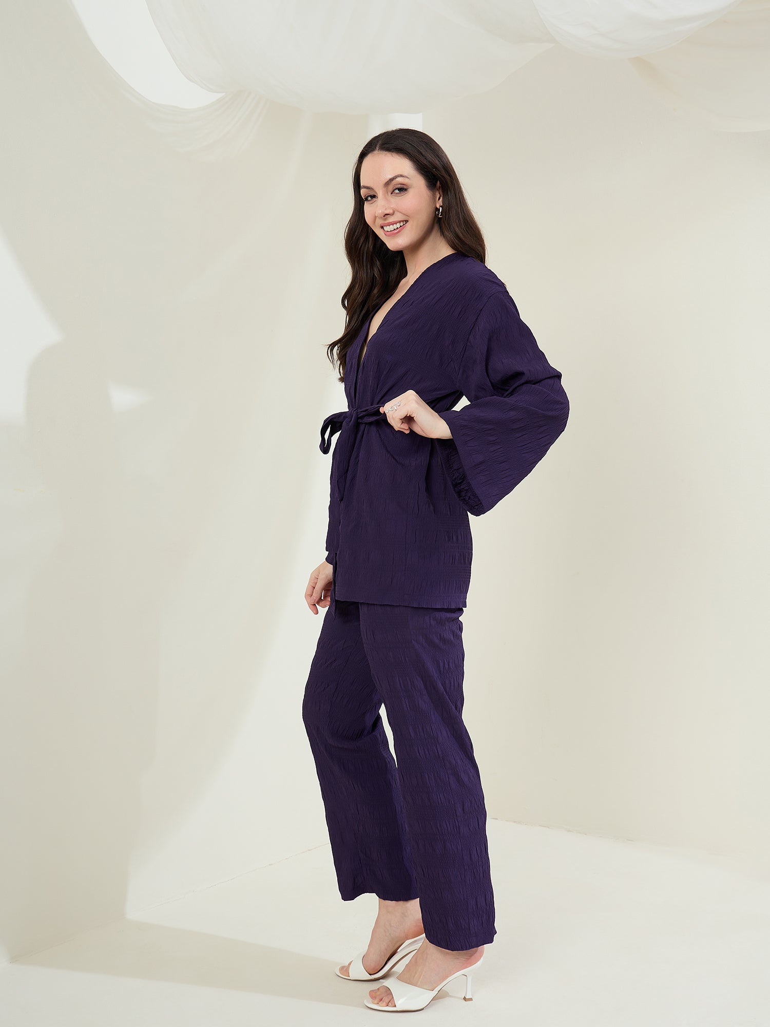 StyleStone Women's Purple Textured Shrug & Pant Set (inner not included)