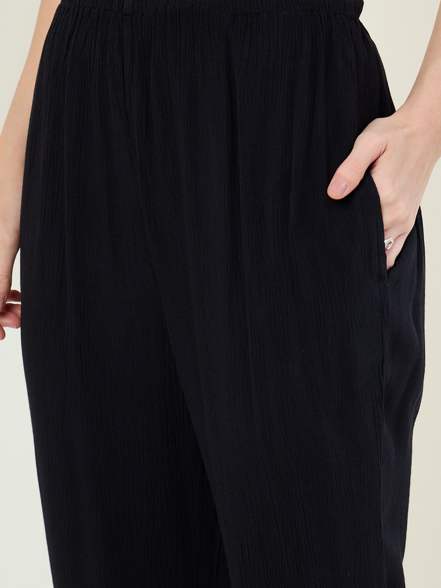 StyleStone Women's Black Rayon Crepe Co-Ord Set with printed hemlines