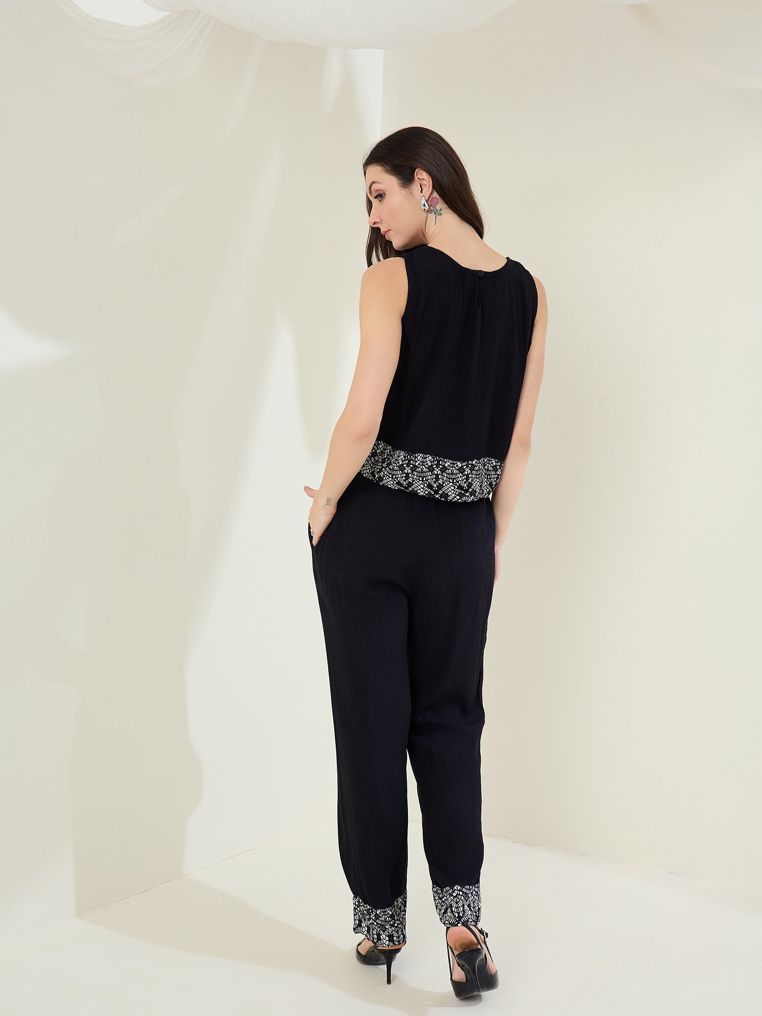 StyleStone Women's Black Rayon Crepe Co-Ord Set with printed hemlines