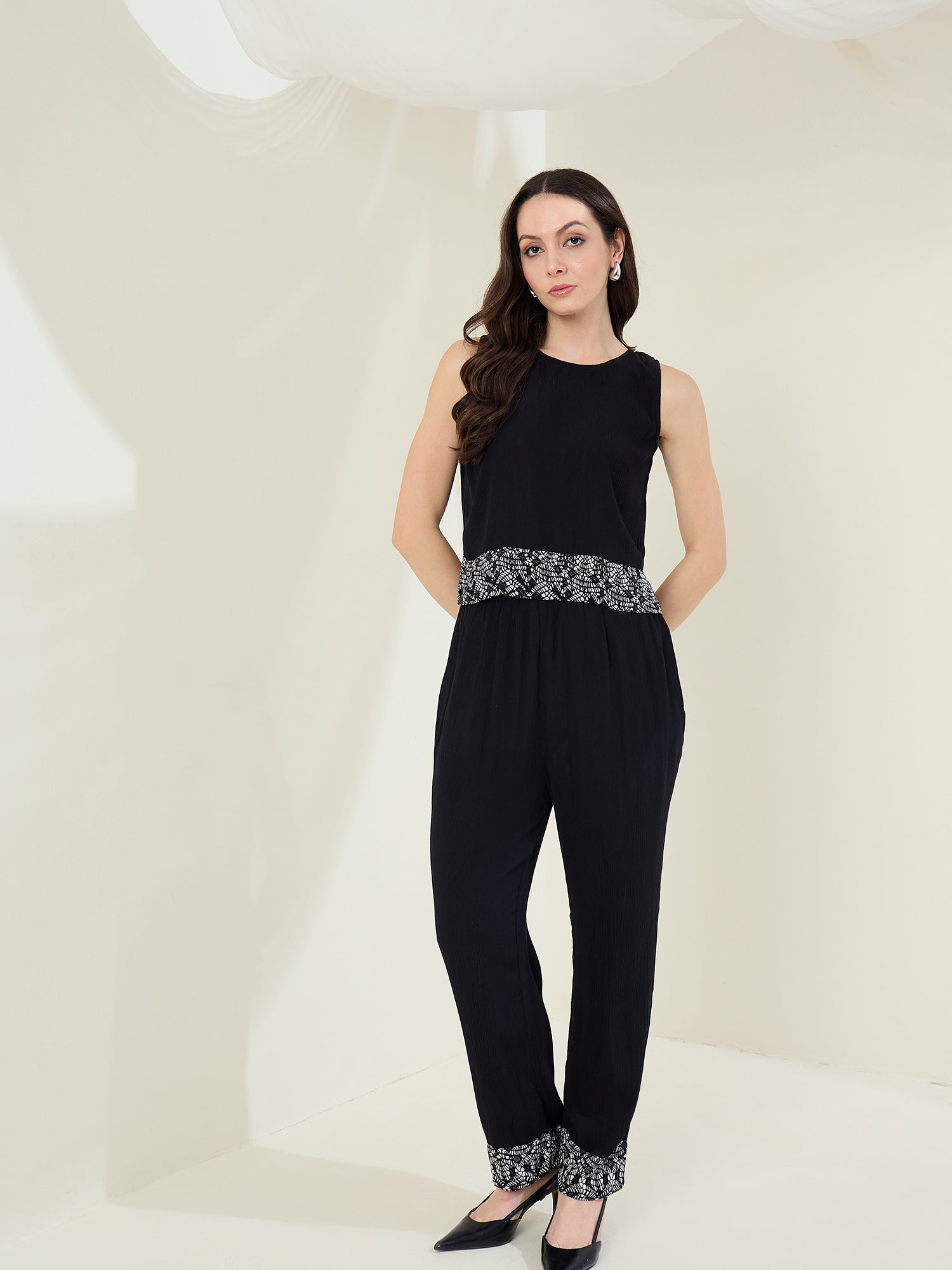 StyleStone Women's Black Rayon Crepe Co-Ord Set with printed hemlines