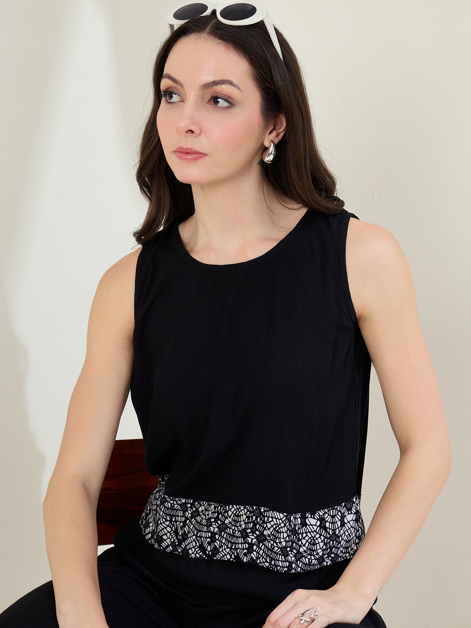 StyleStone Women's Black Rayon Crepe Co-Ord Set with printed hemlines