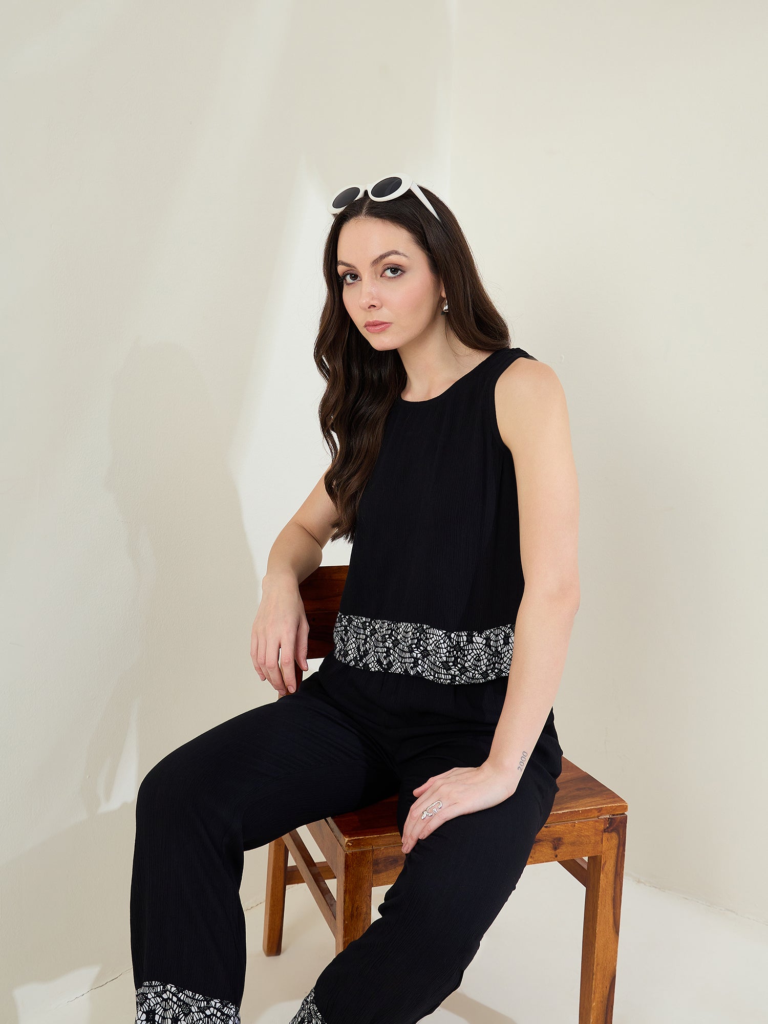 StyleStone Women's Black Rayon Crepe Co-Ord Set with printed hemlines