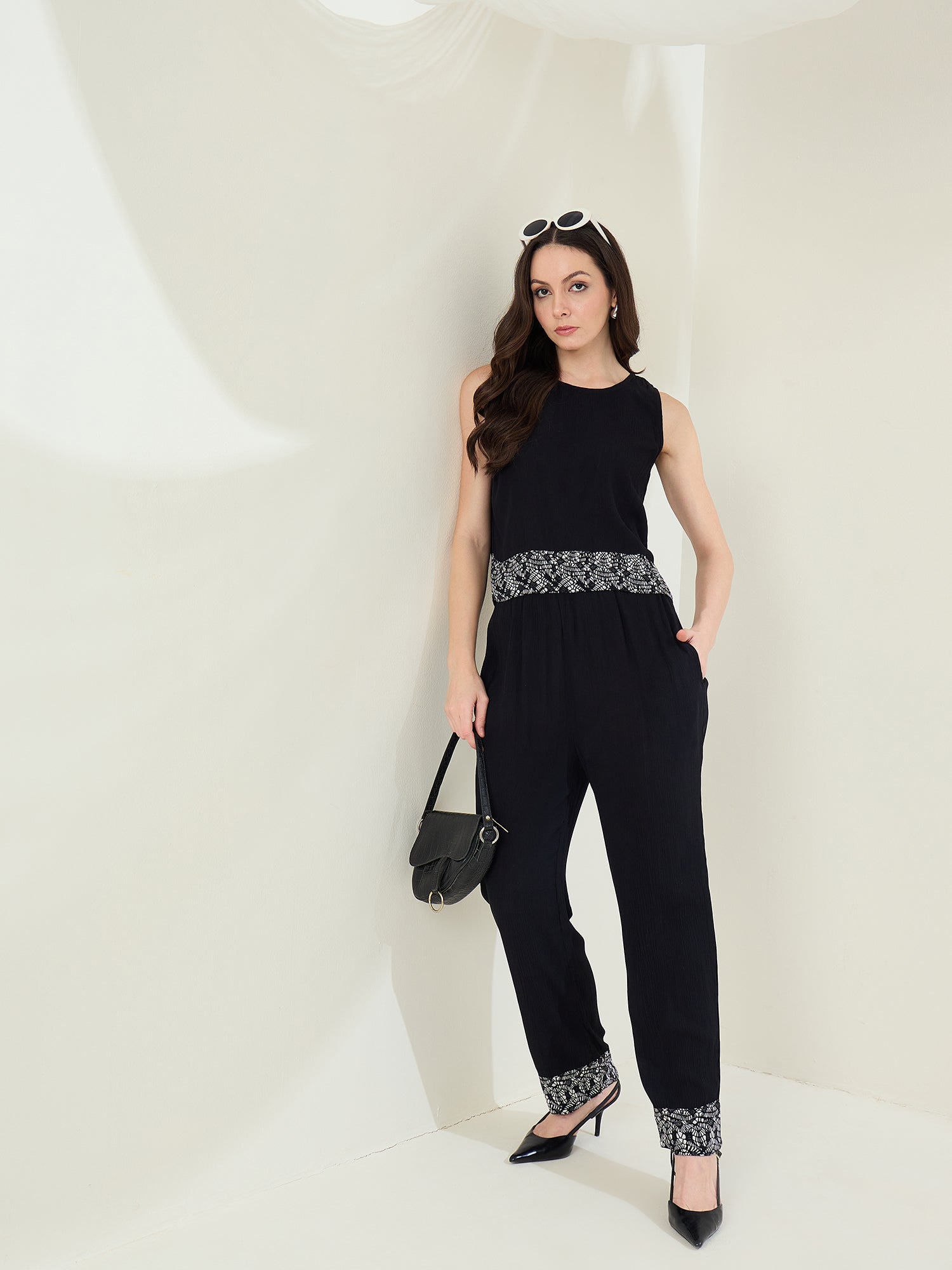 StyleStone Women's Black Rayon Crepe Co-Ord Set with printed hemlines
