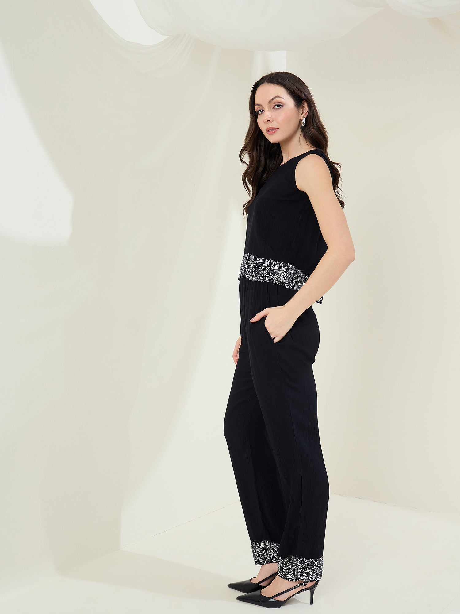 StyleStone Women's Black Rayon Crepe Co-Ord Set with printed hemlines