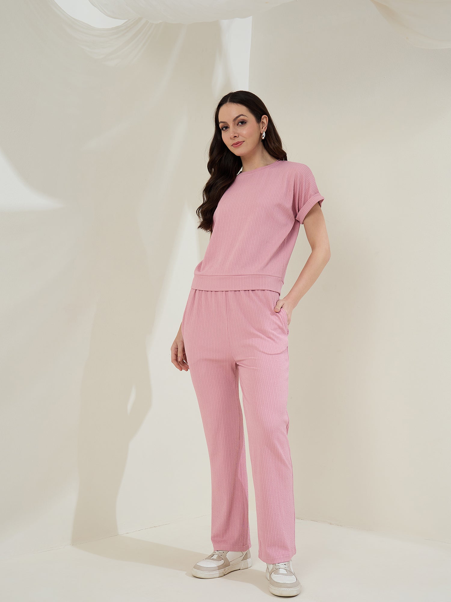 StyleStone Women's Pink Self Design Co-Ord Set
