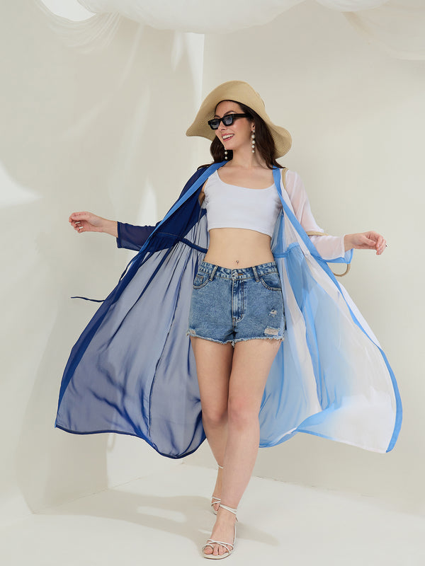 StyleStone Women's Blue & White Ombre Longline Shrug
