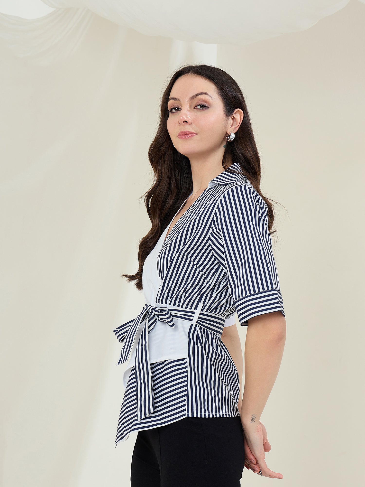 StyleStone Women's Striped Color Block Wrap Top