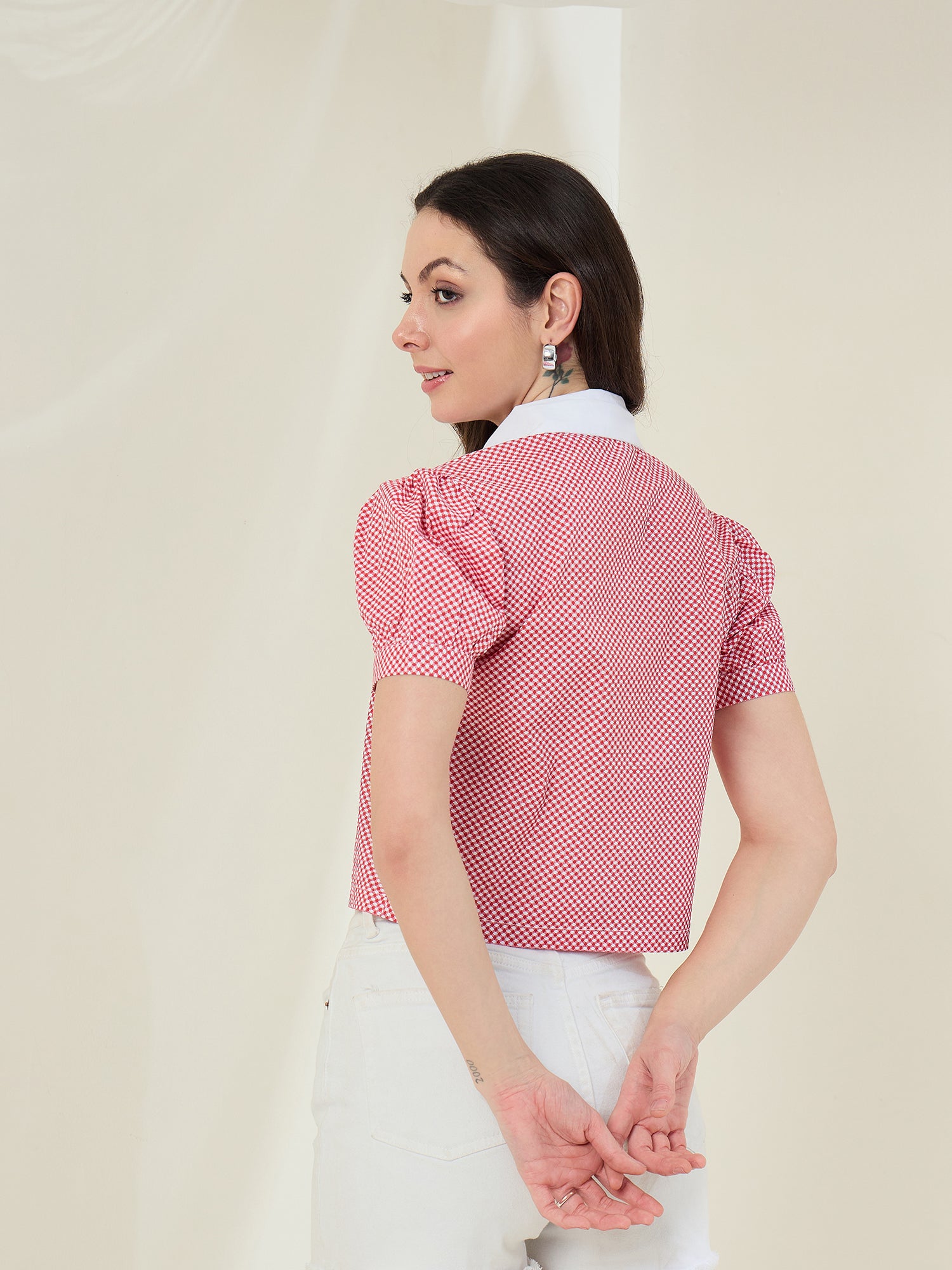 StyleStone Women's Check Shirt with Pointed White Collar