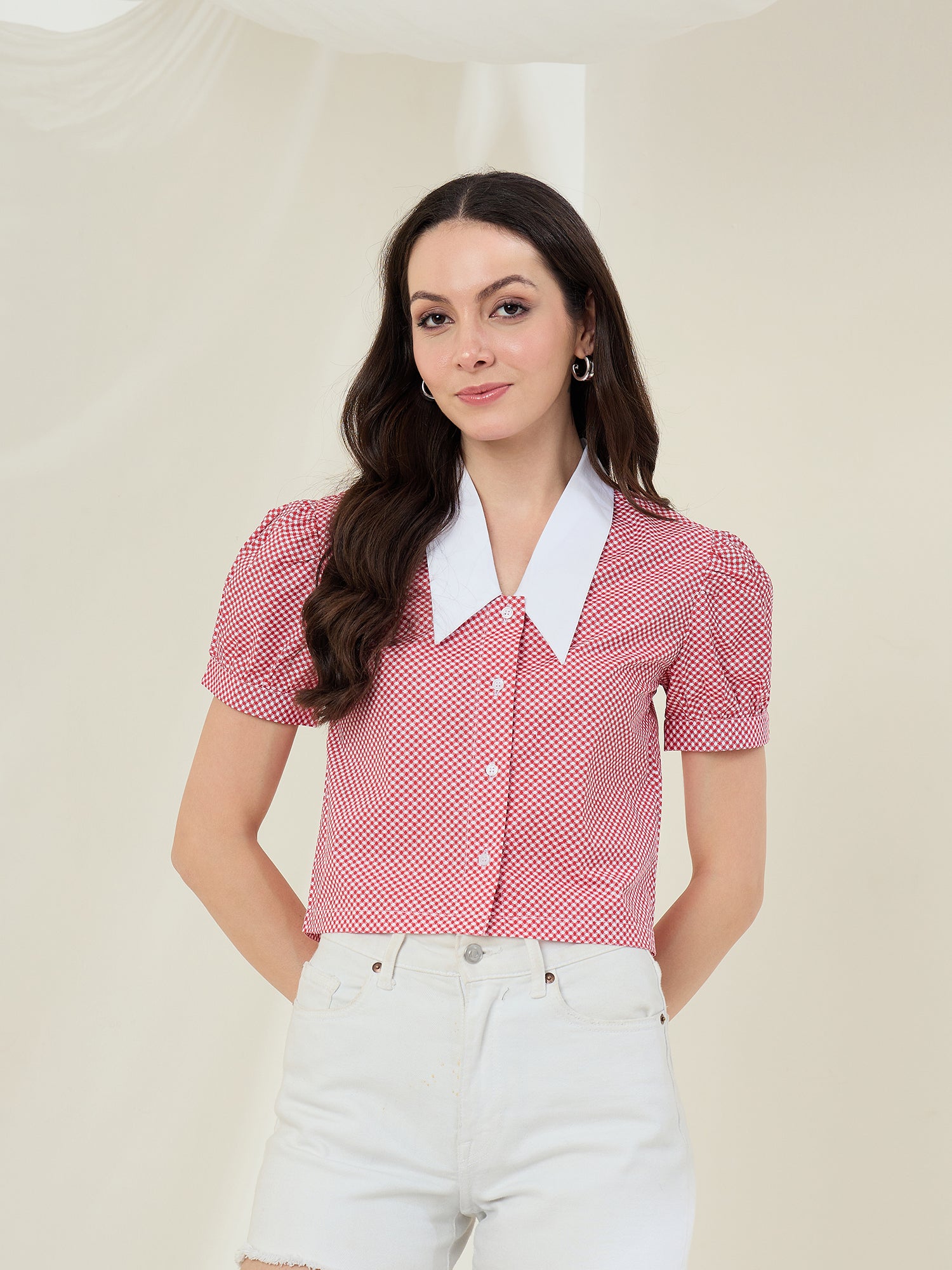 StyleStone Women's Check Shirt with Pointed White Collar