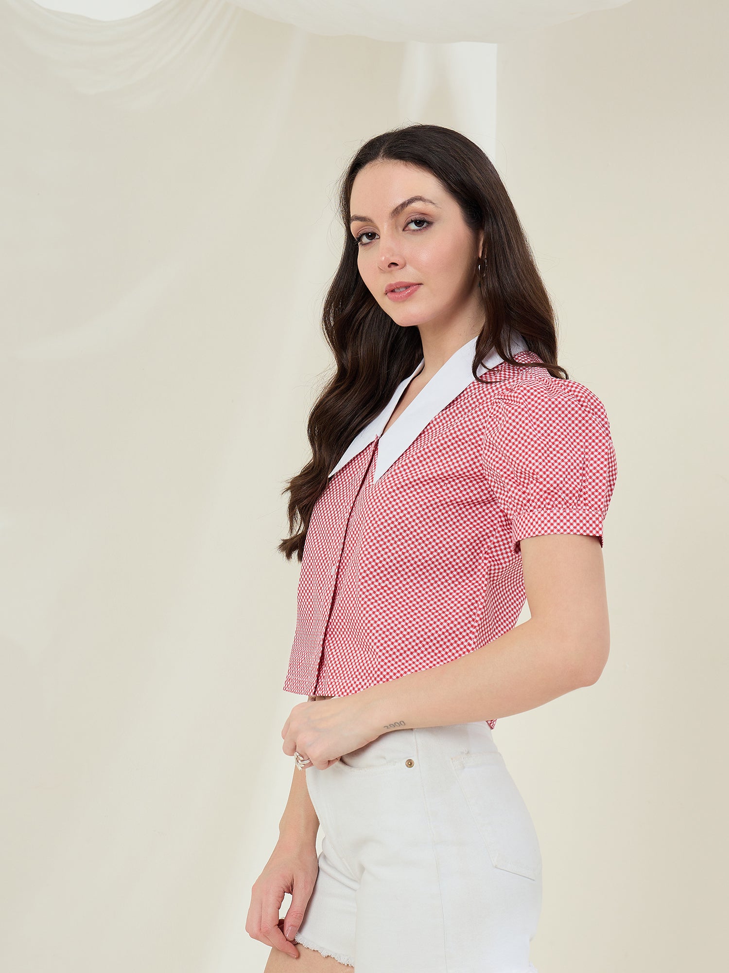StyleStone Women's Check Shirt with Pointed White Collar