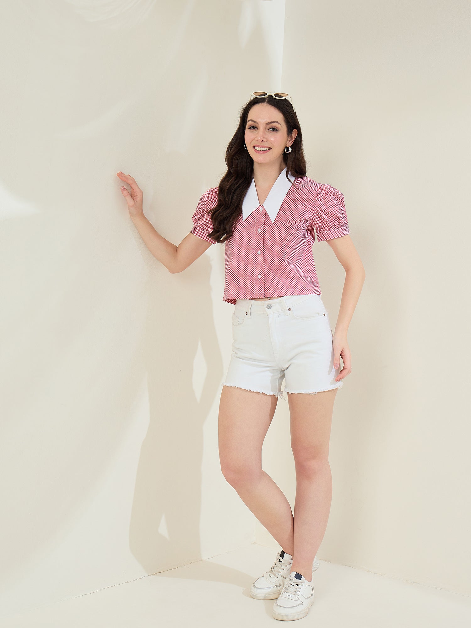 StyleStone Women's Check Shirt with Pointed White Collar