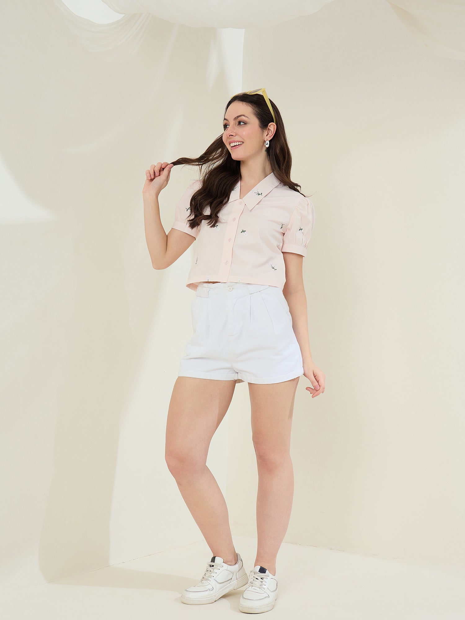 StyleStone Women's Peach embroidered Shirt with Long Pointed Collar
