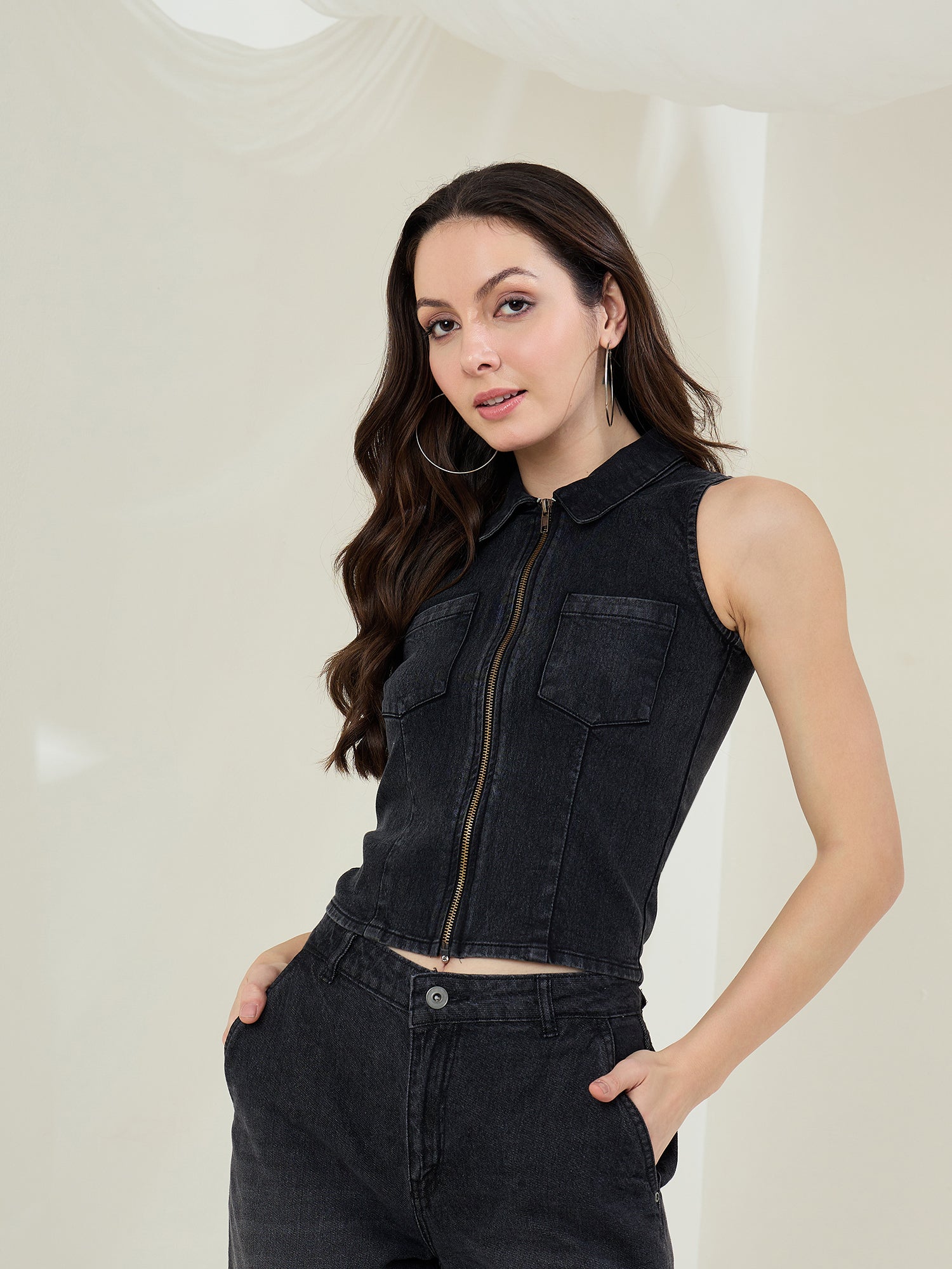 StyleStone Women's Black Denim Zip Up Top