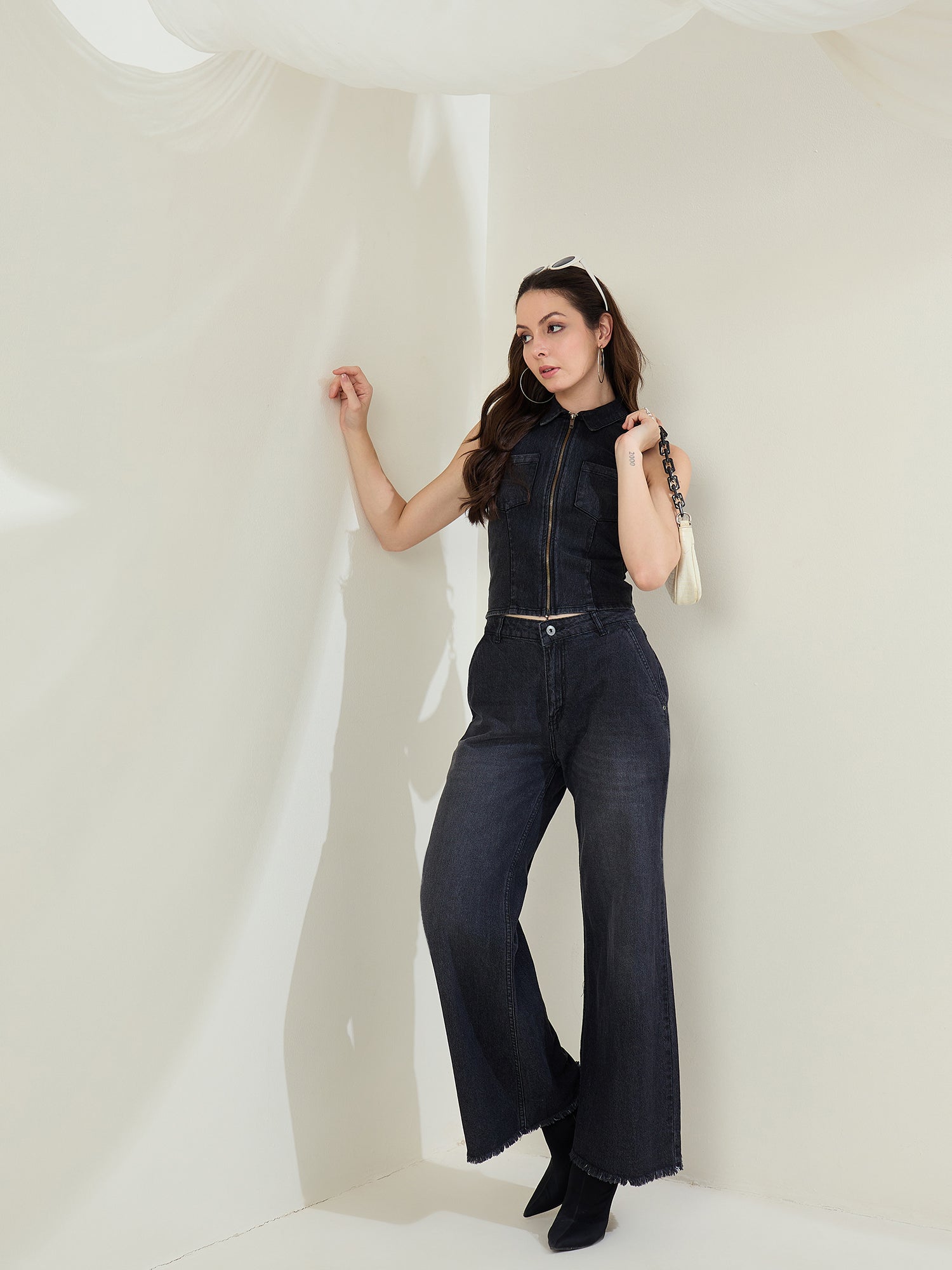 StyleStone Women's Black Denim Zip Up Top