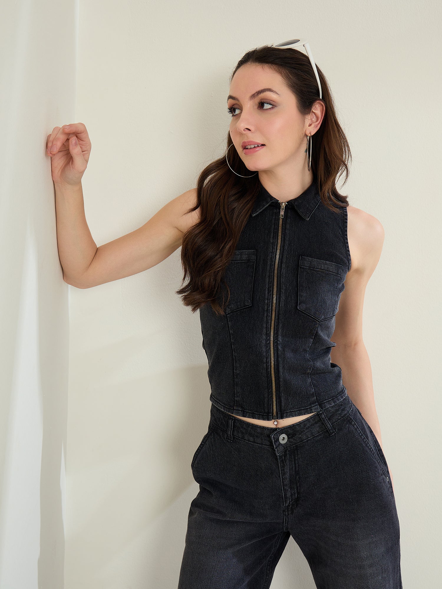 StyleStone Women's Black Denim Zip Up Top