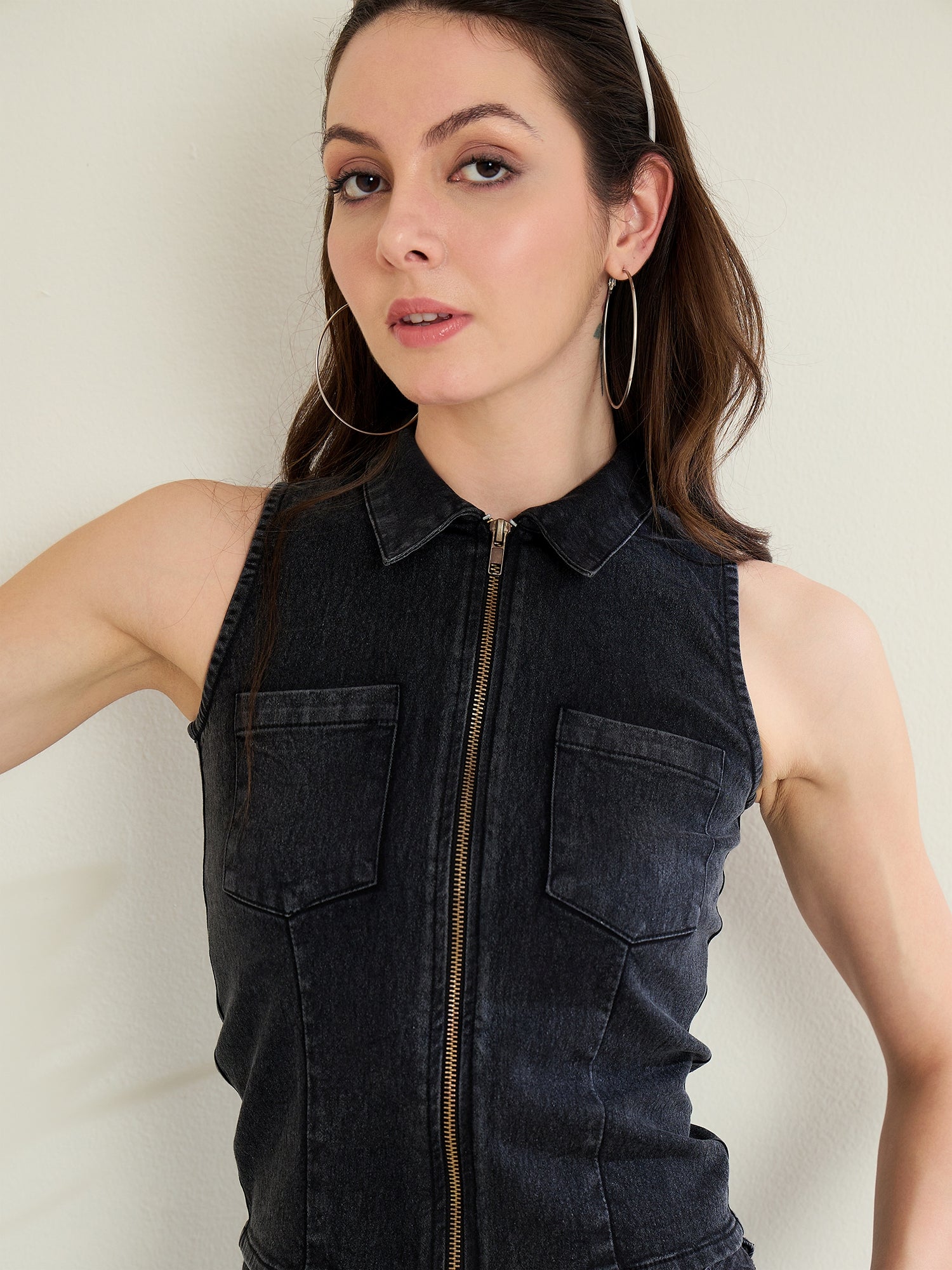 StyleStone Women's Black Denim Zip Up Top