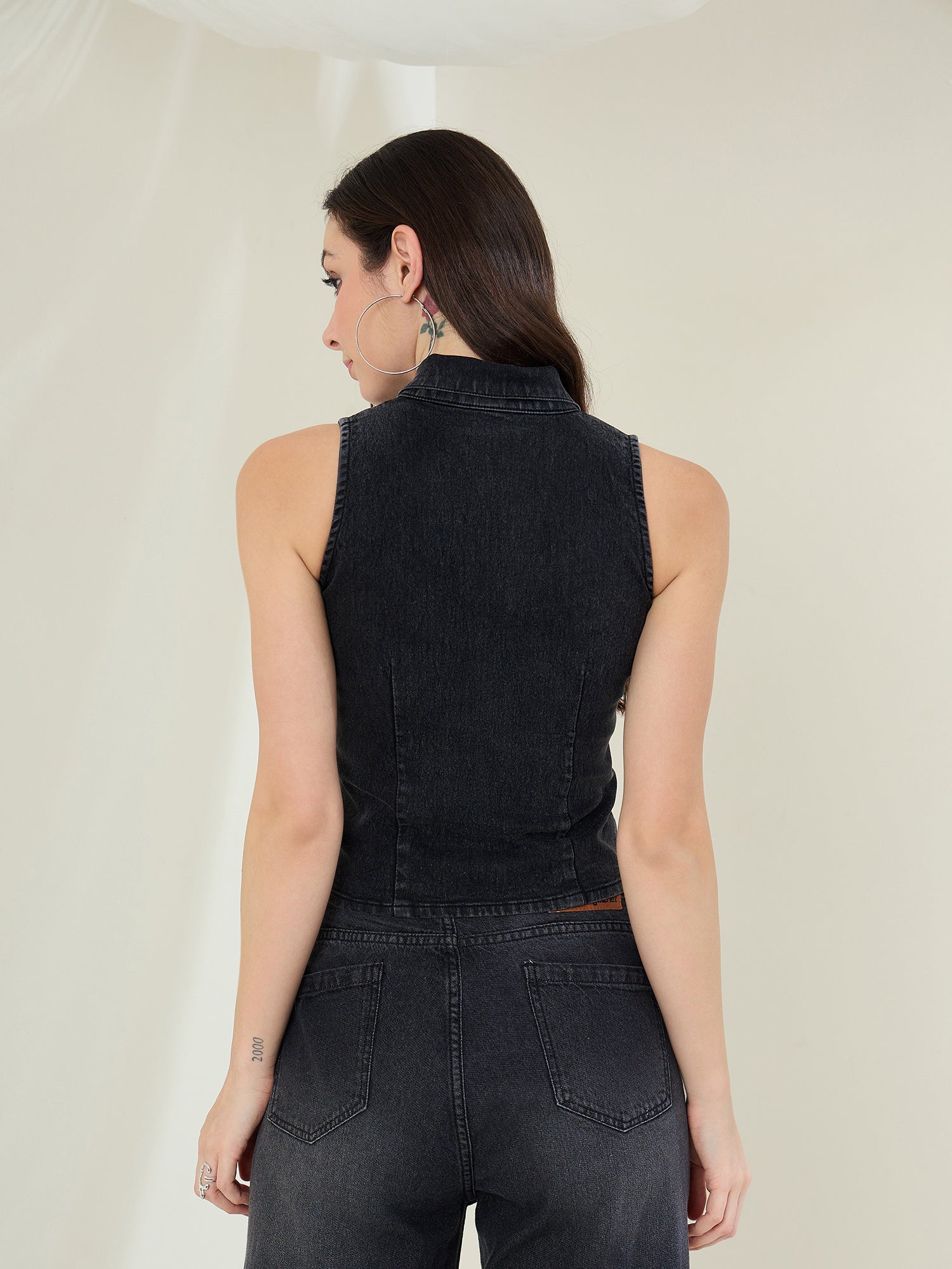 StyleStone Women's Black Denim Zip Up Top