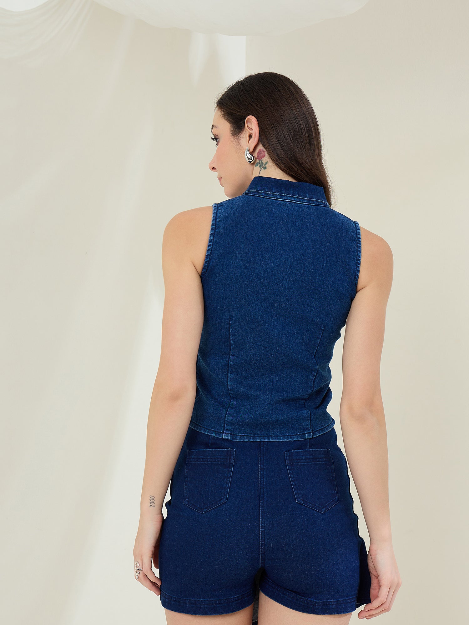 StyleStone Women's Black Denim Zip Up Top