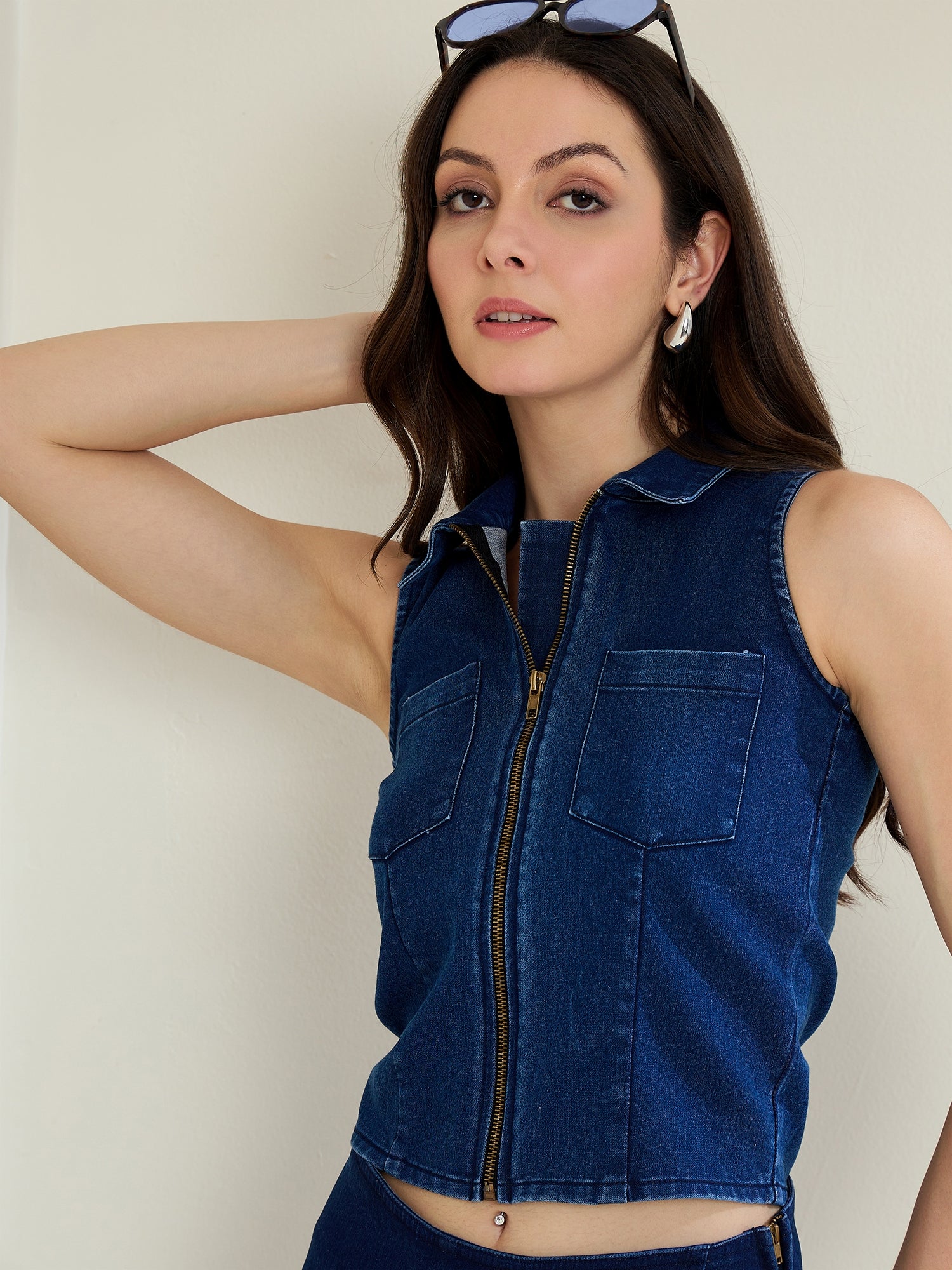 StyleStone Women's Black Denim Zip Up Top