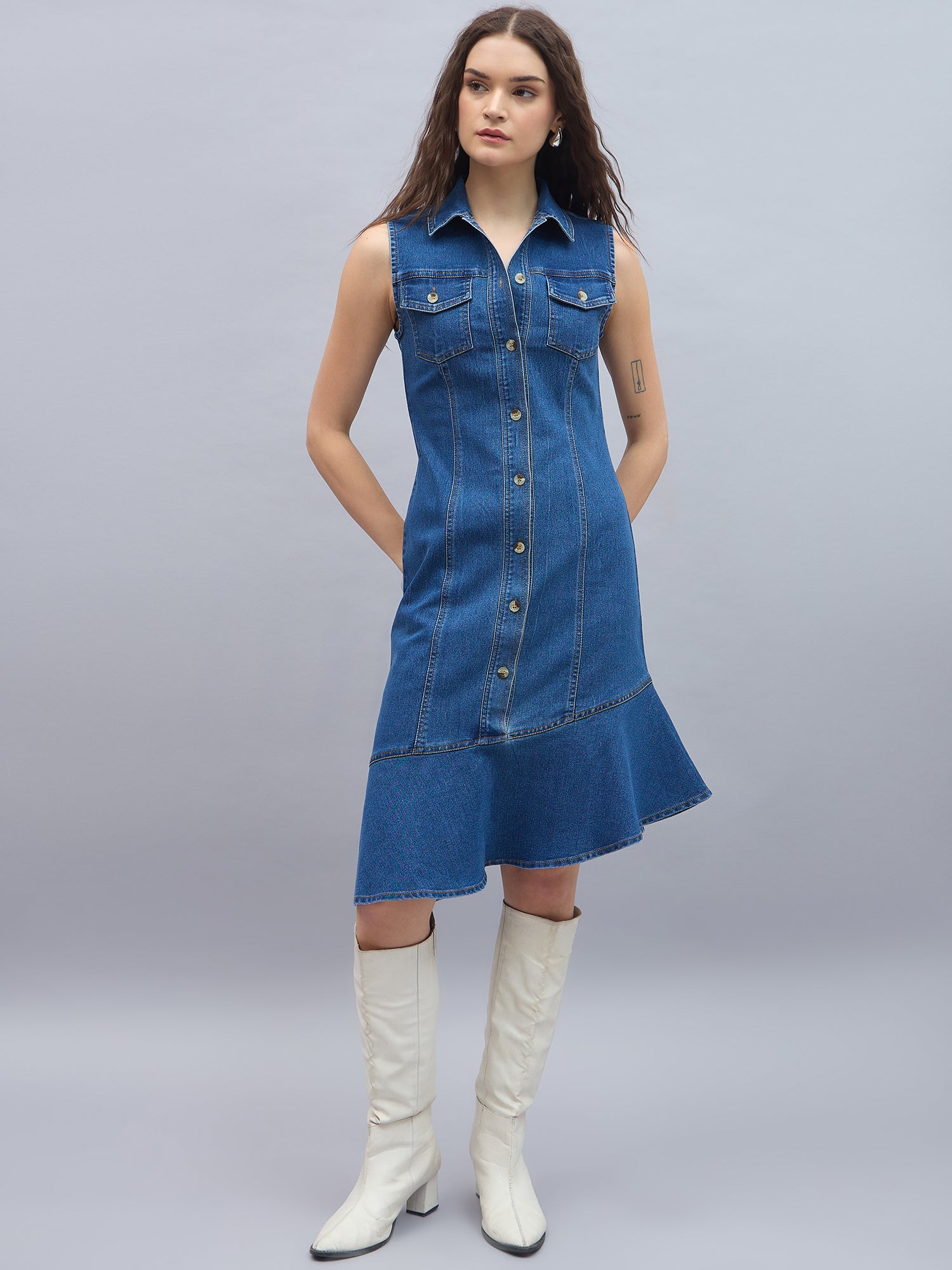StyleStone Women's Denim Midi Dress with Shoulder straps