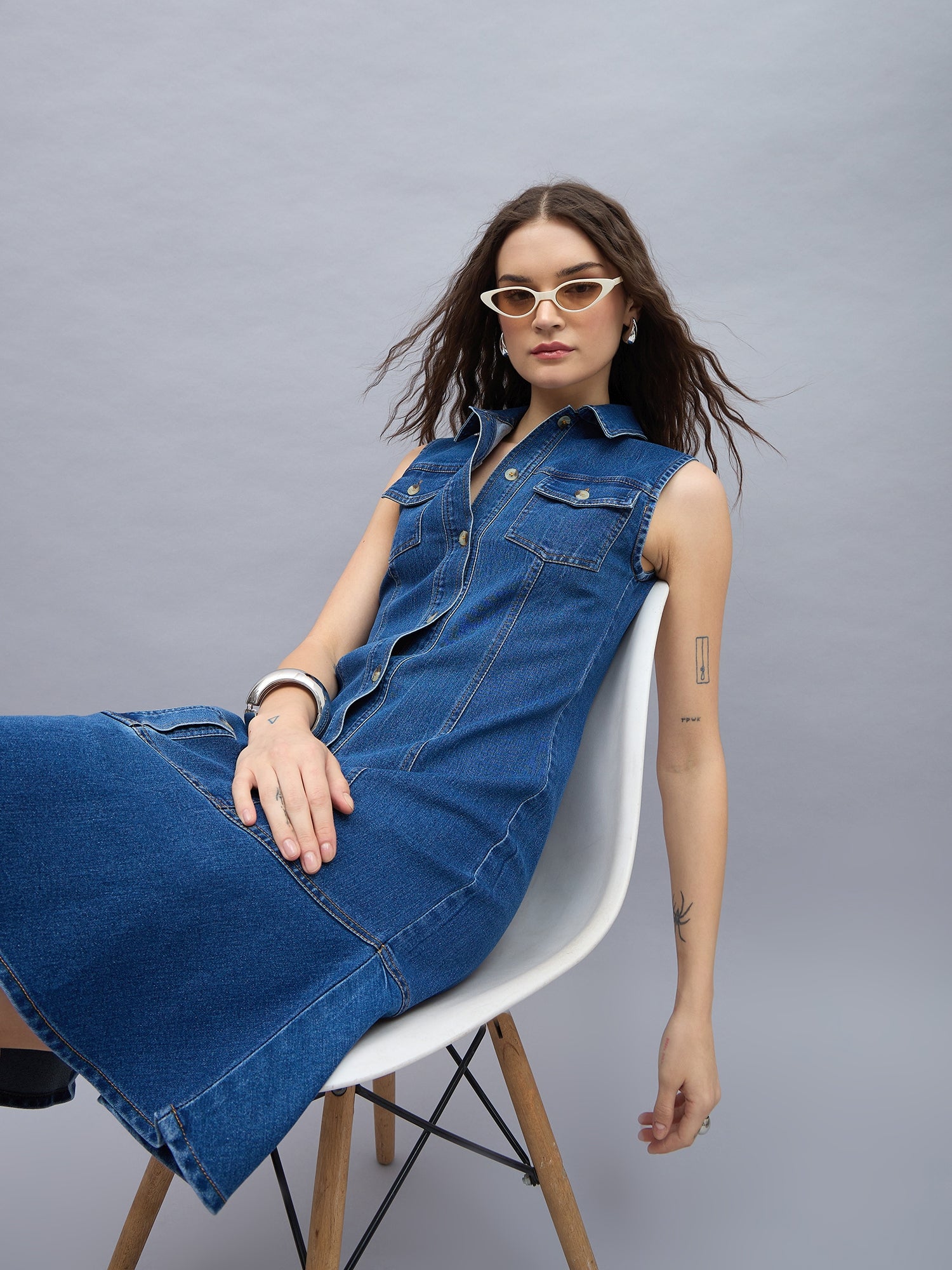 StyleStone Women's Denim Midi Dress with Shoulder straps