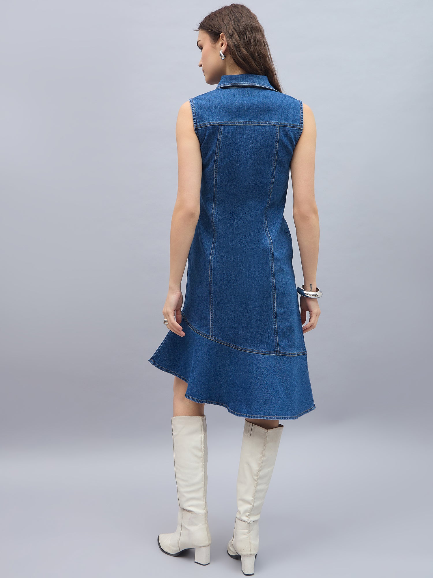 StyleStone Women's Denim Midi Dress with Shoulder straps