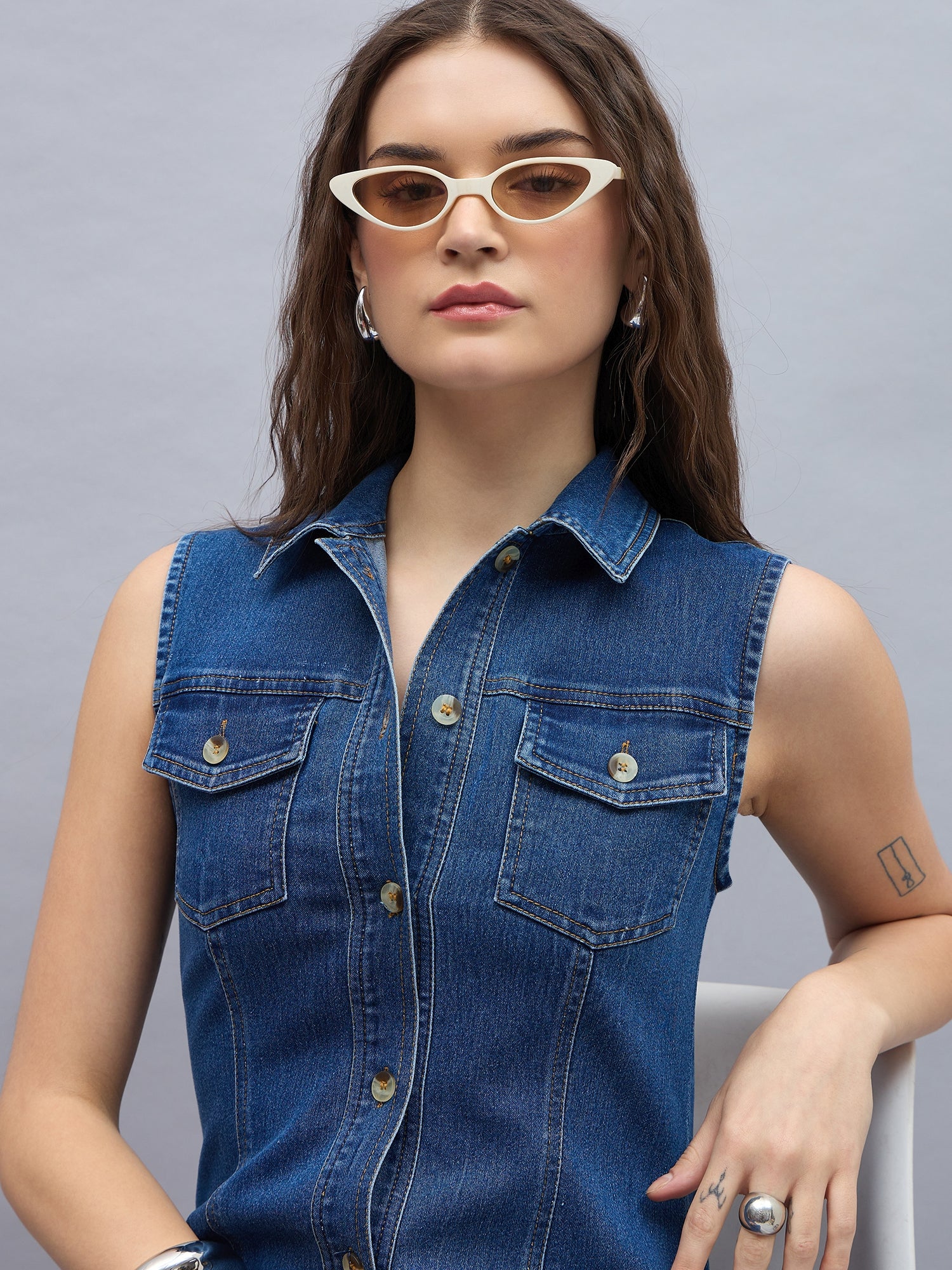 StyleStone Women's Denim Midi Dress with Shoulder straps