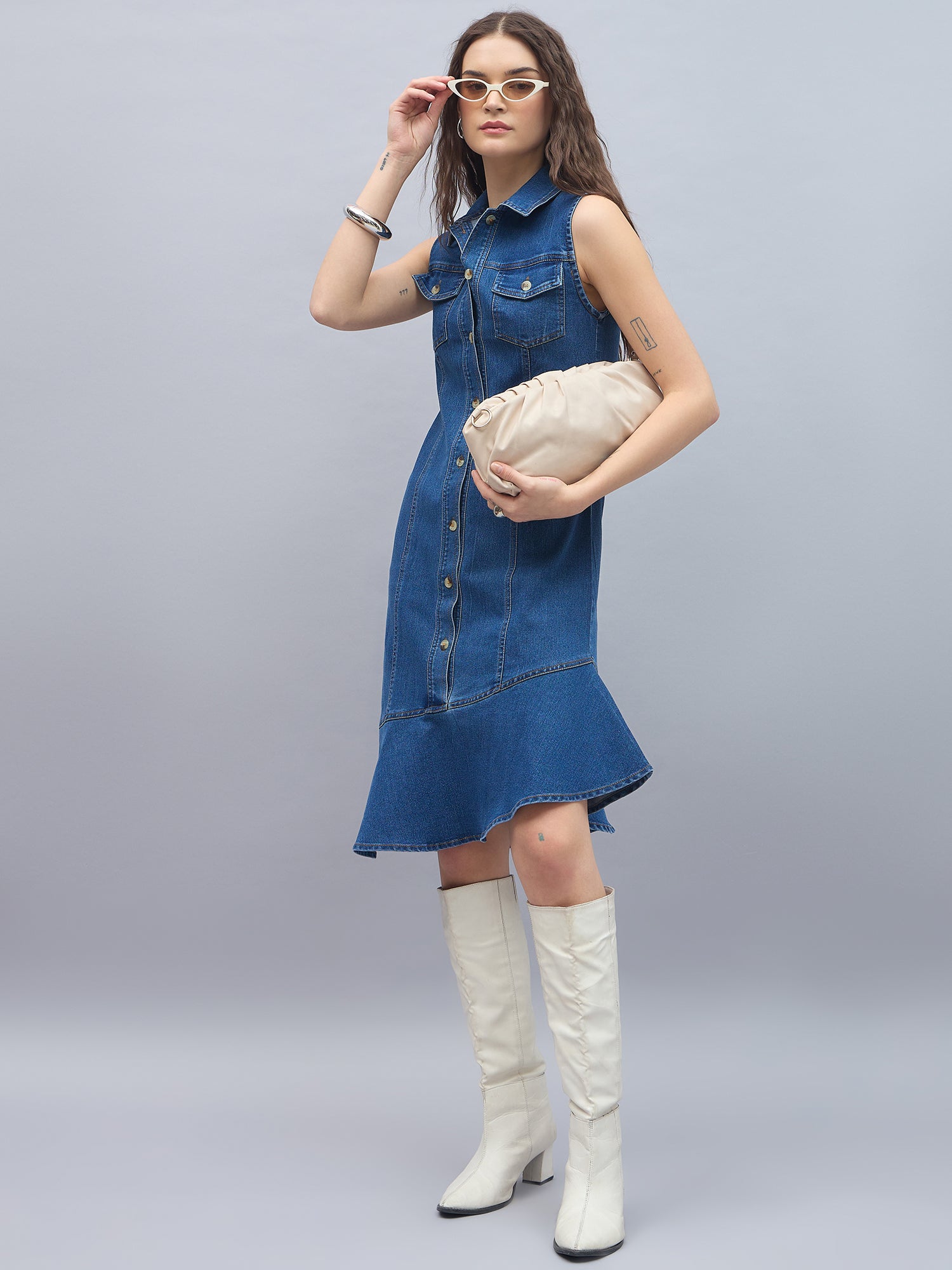 StyleStone Women's Denim Midi Dress with Shoulder straps
