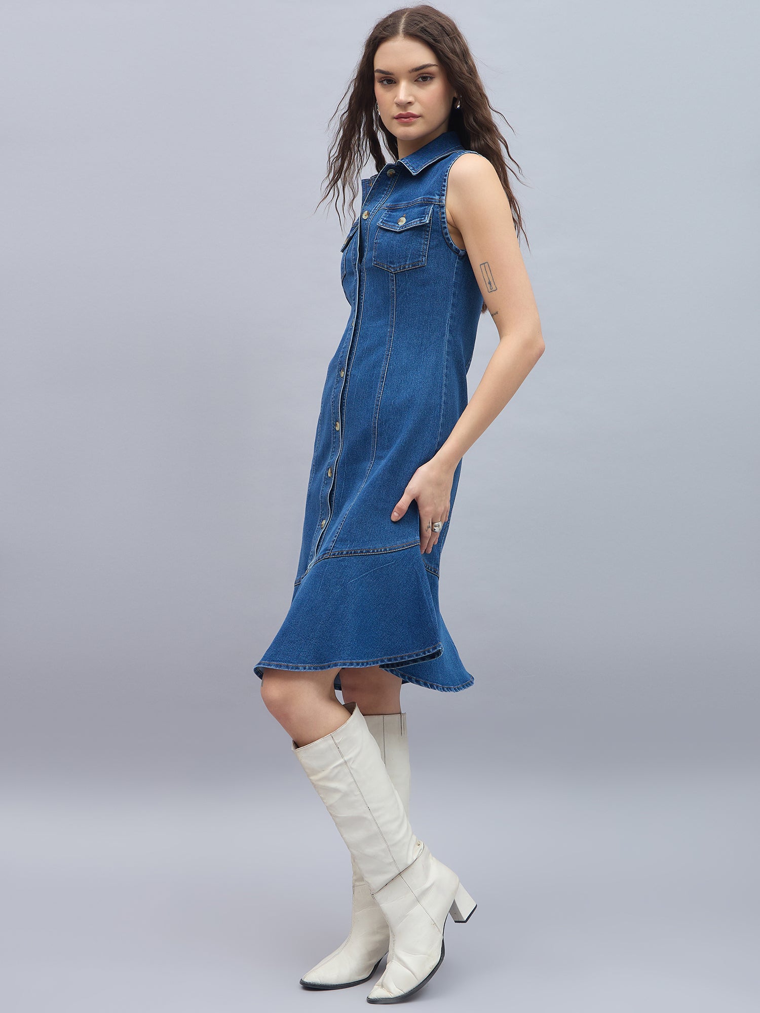 StyleStone Women's Denim Midi Dress with Shoulder straps