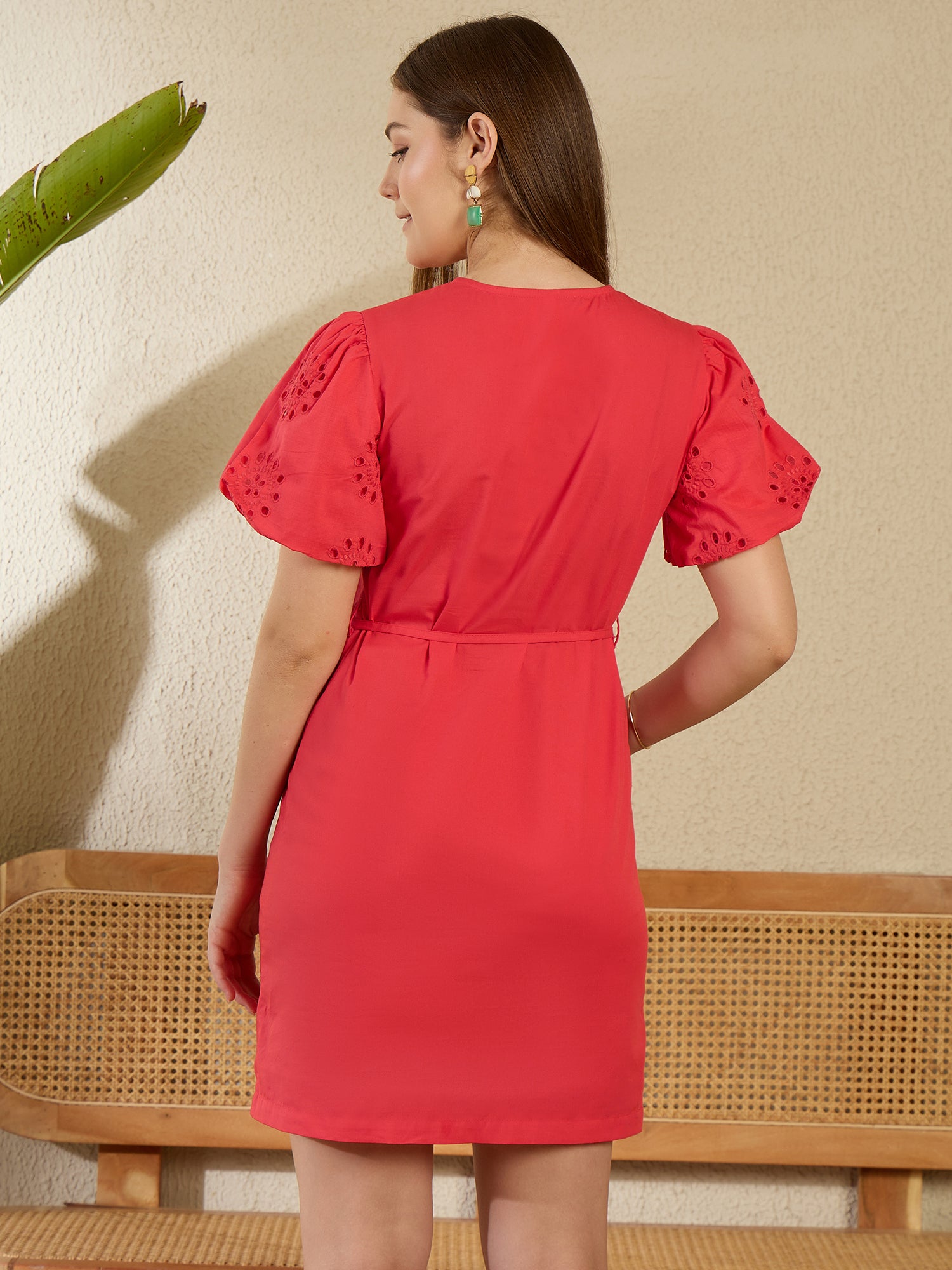 StyleStone Women's Red Cotton Schiffli Sleeve Dress