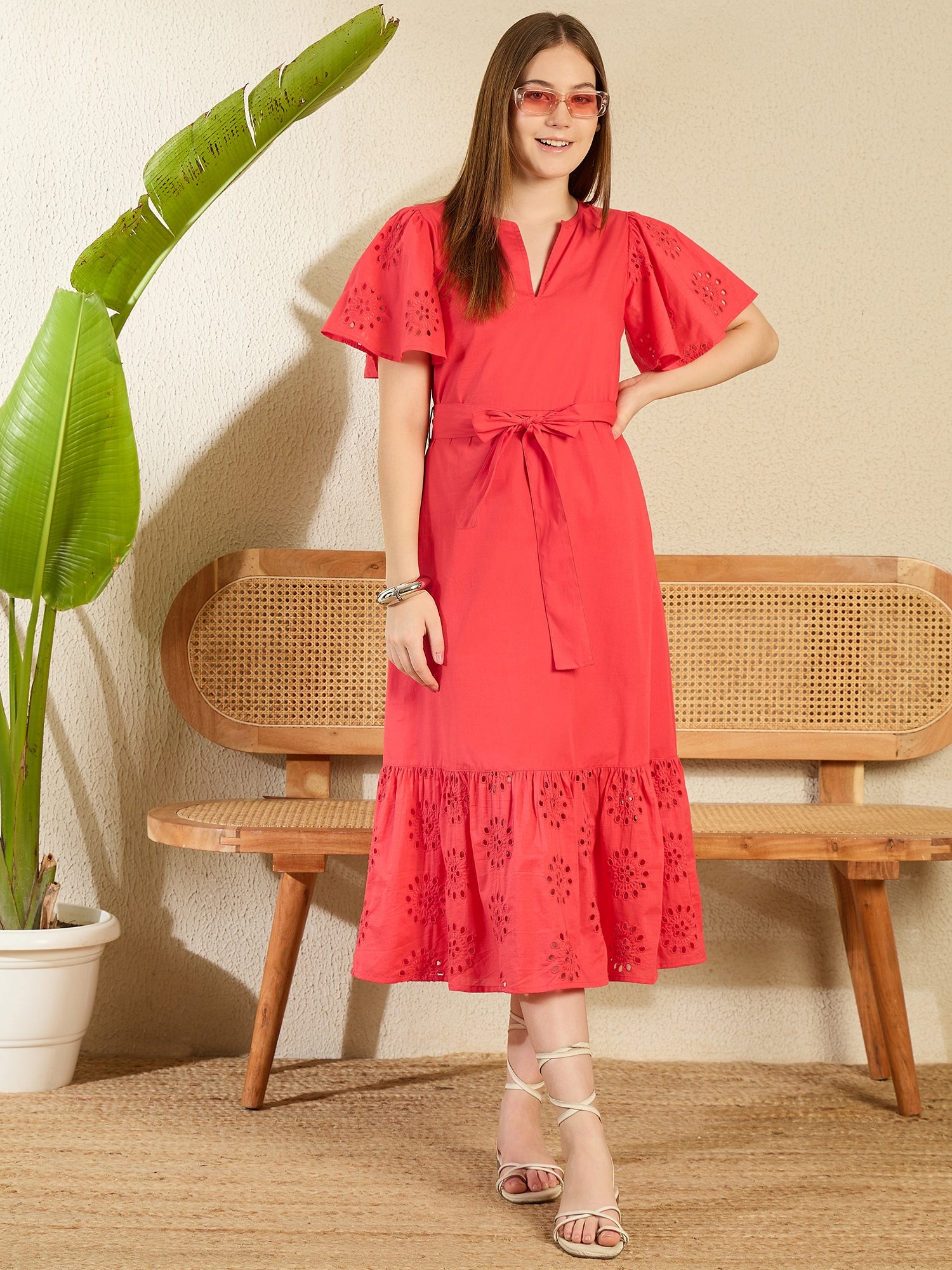 StyleStone Women's Red Cotton Schiffli Maxi Dress