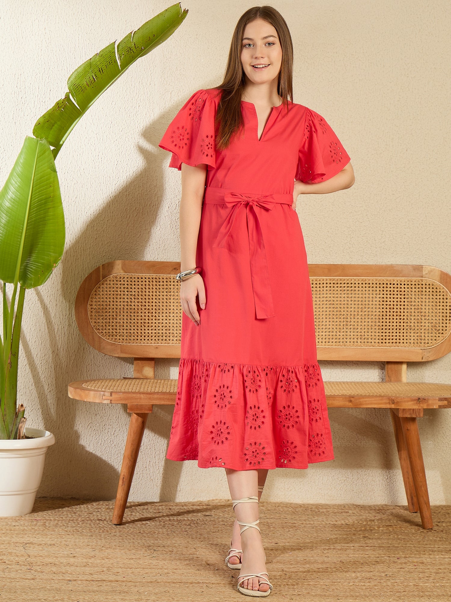 StyleStone Women's Red Cotton Schiffli Maxi Dress